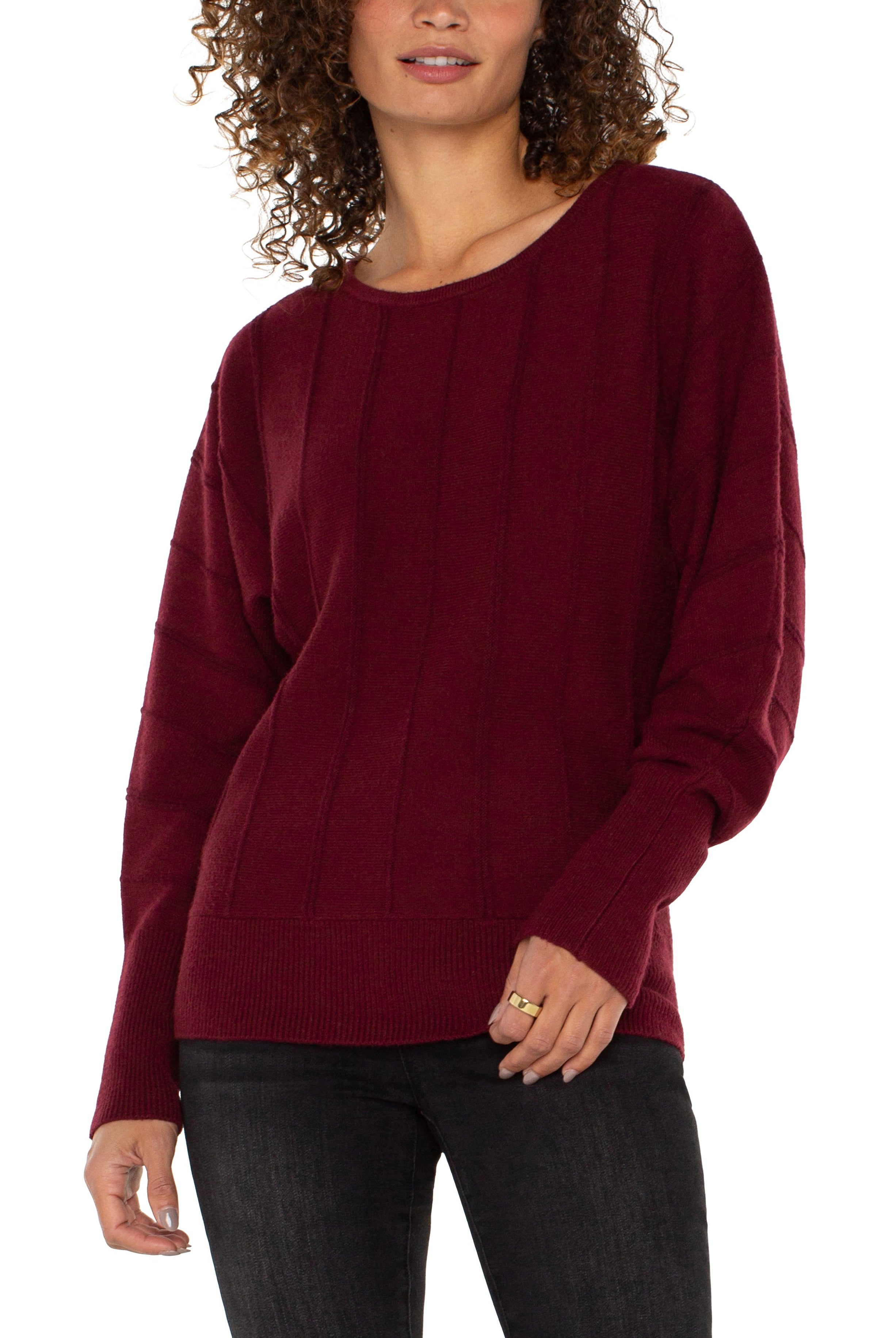 Liverpool Long Sleeve Boat Neck Dolman Sleeve Sweater In Dark Pinot Noir-Sweaters-Liverpool-Deja Nu Boutique, Women's Fashion Boutique in Lampasas, Texas