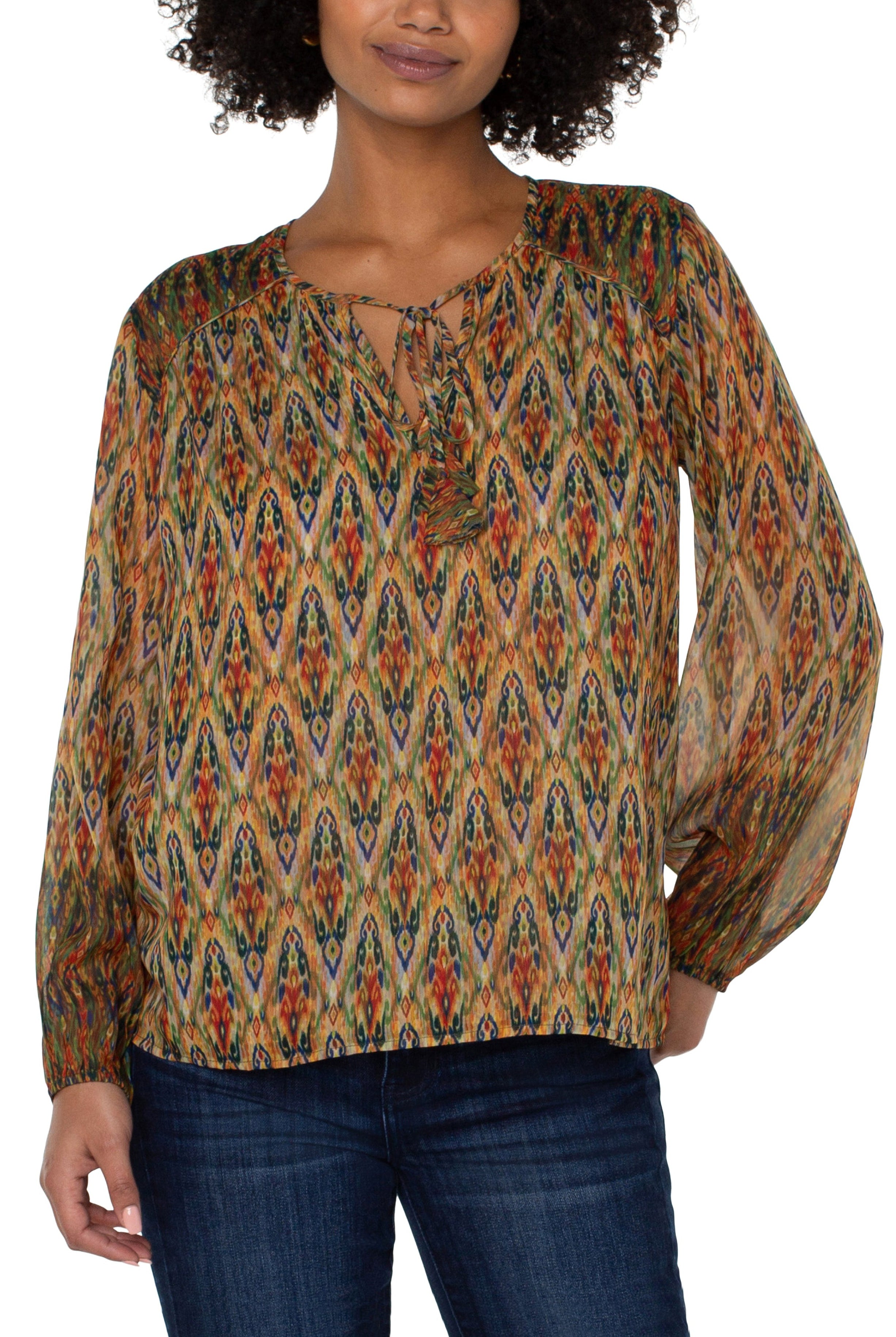 Liverpool Long Sleeve Double Layer Tie Front Woven Blouse-Long Sleeves-Liverpool-Deja Nu Boutique, Women's Fashion Boutique in Lampasas, Texas