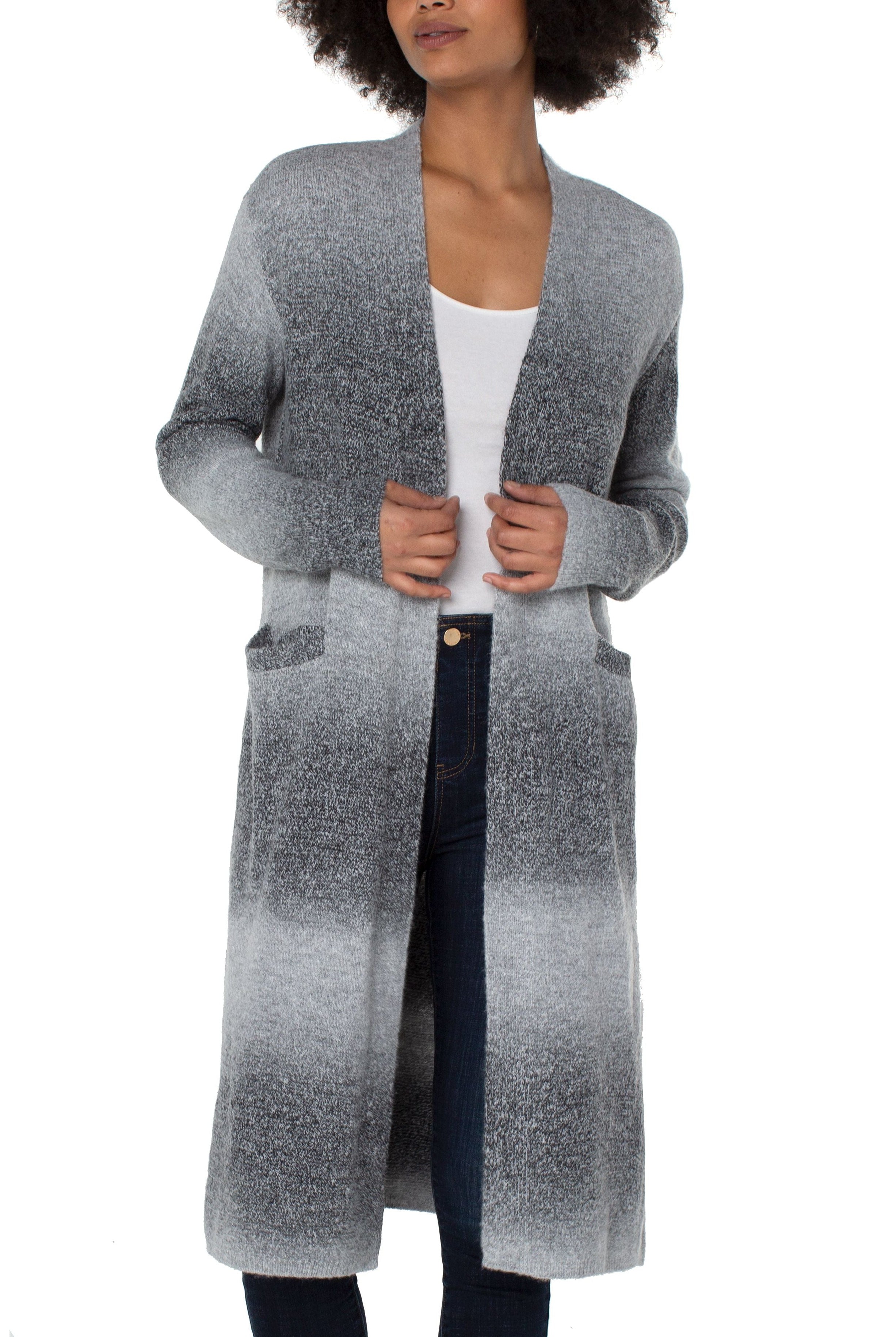 Liverpool Long Sleeve Open Front Long Line Cardigan Sweater In Silverlake Ombre-Sweaters-Liverpool-Deja Nu Boutique, Women's Fashion Boutique in Lampasas, Texas