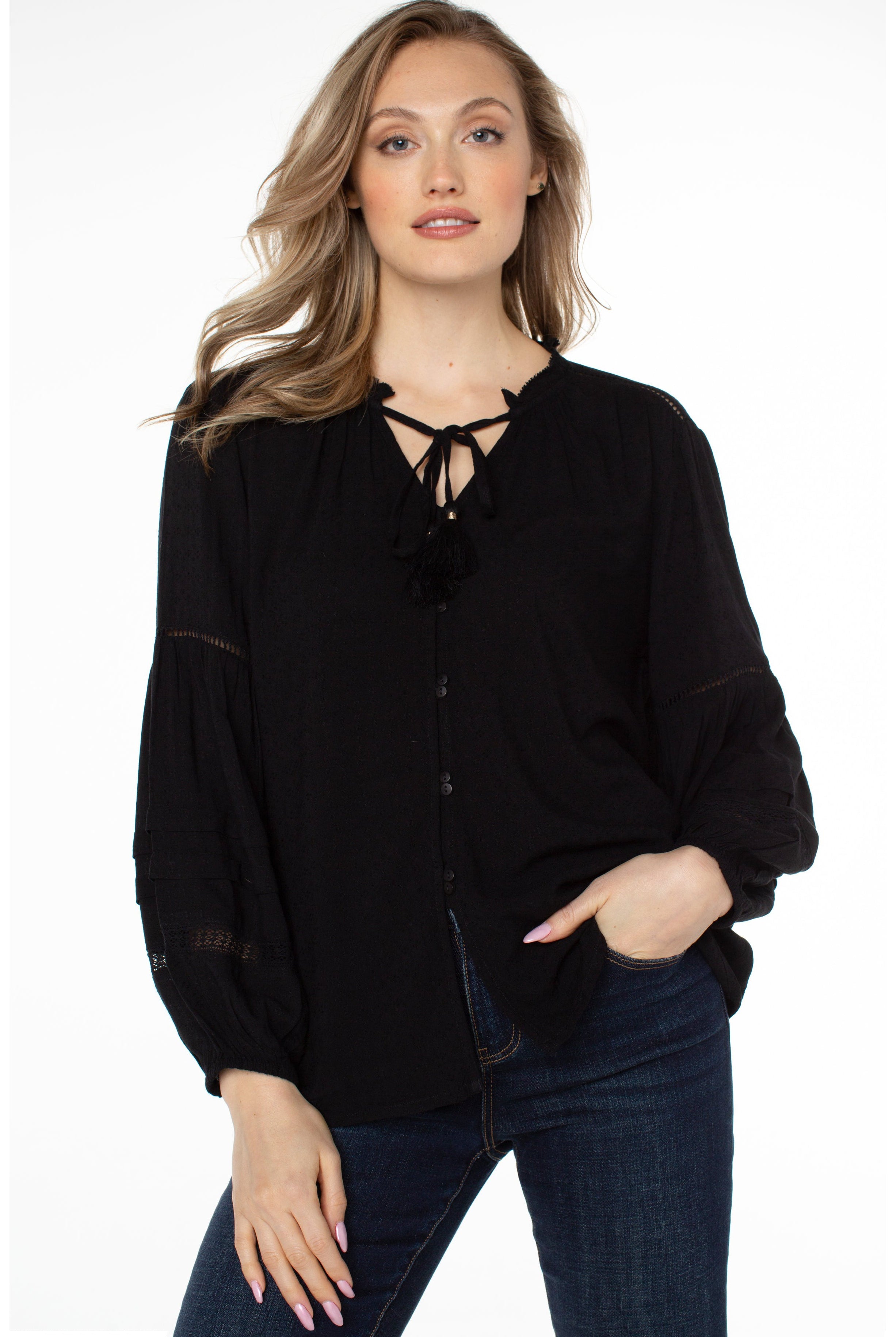 Liverpool Long Sleeve Popover Shirred Blouse In Black-Long Sleeves-Liverpool-Deja Nu Boutique, Women's Fashion Boutique in Lampasas, Texas