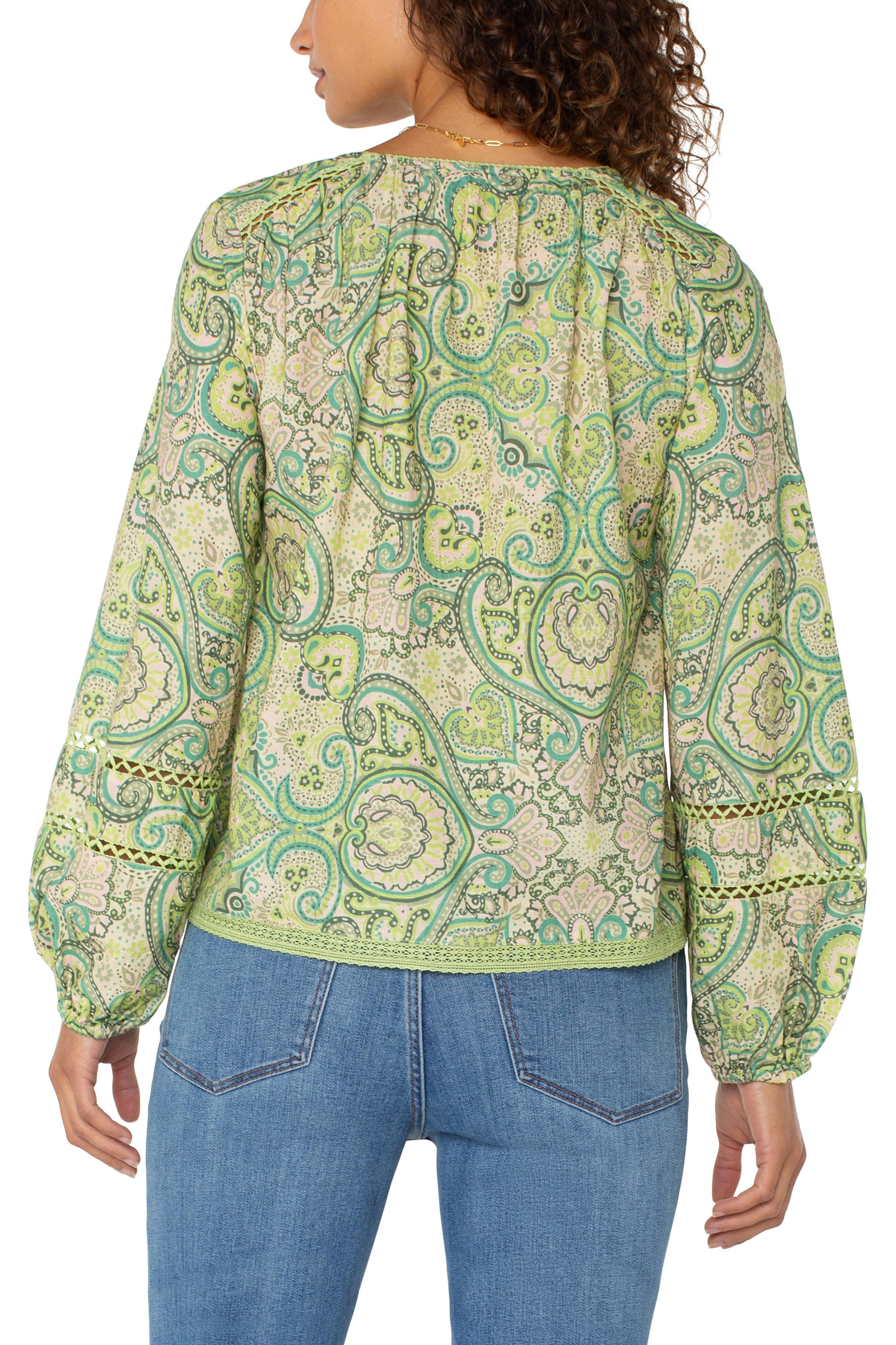 Liverpool Long Sleeve Shirred Tie Front Top-Tops-Liverpool-Deja Nu Boutique, Women's Fashion Boutique in Lampasas, Texas