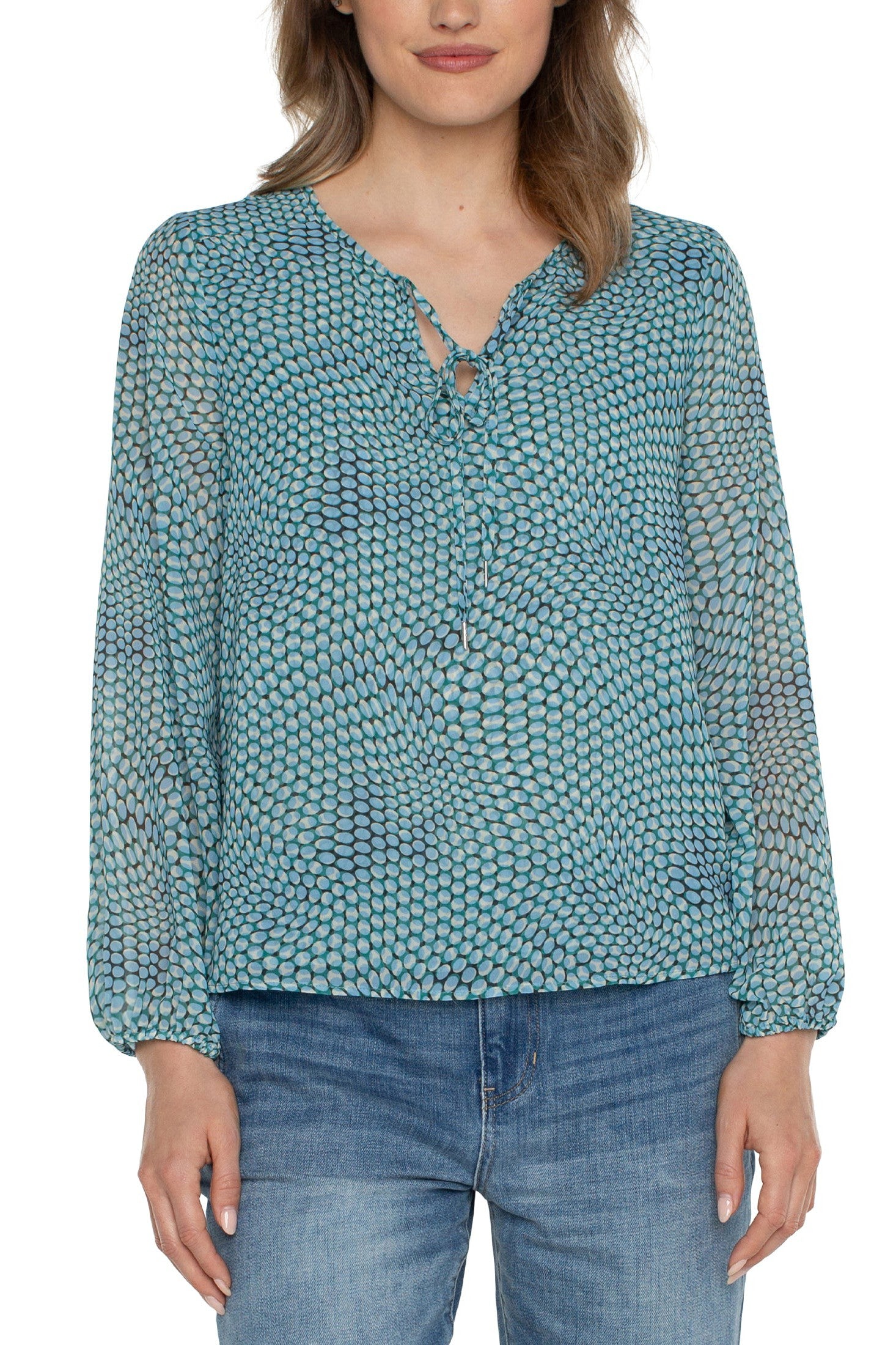 Liverpool Long Sleeve Tie Front Top With Shirred Back In Ocean Blue Dot-Tops-Liverpool-Deja Nu Boutique, Women's Fashion Boutique in Lampasas, Texas