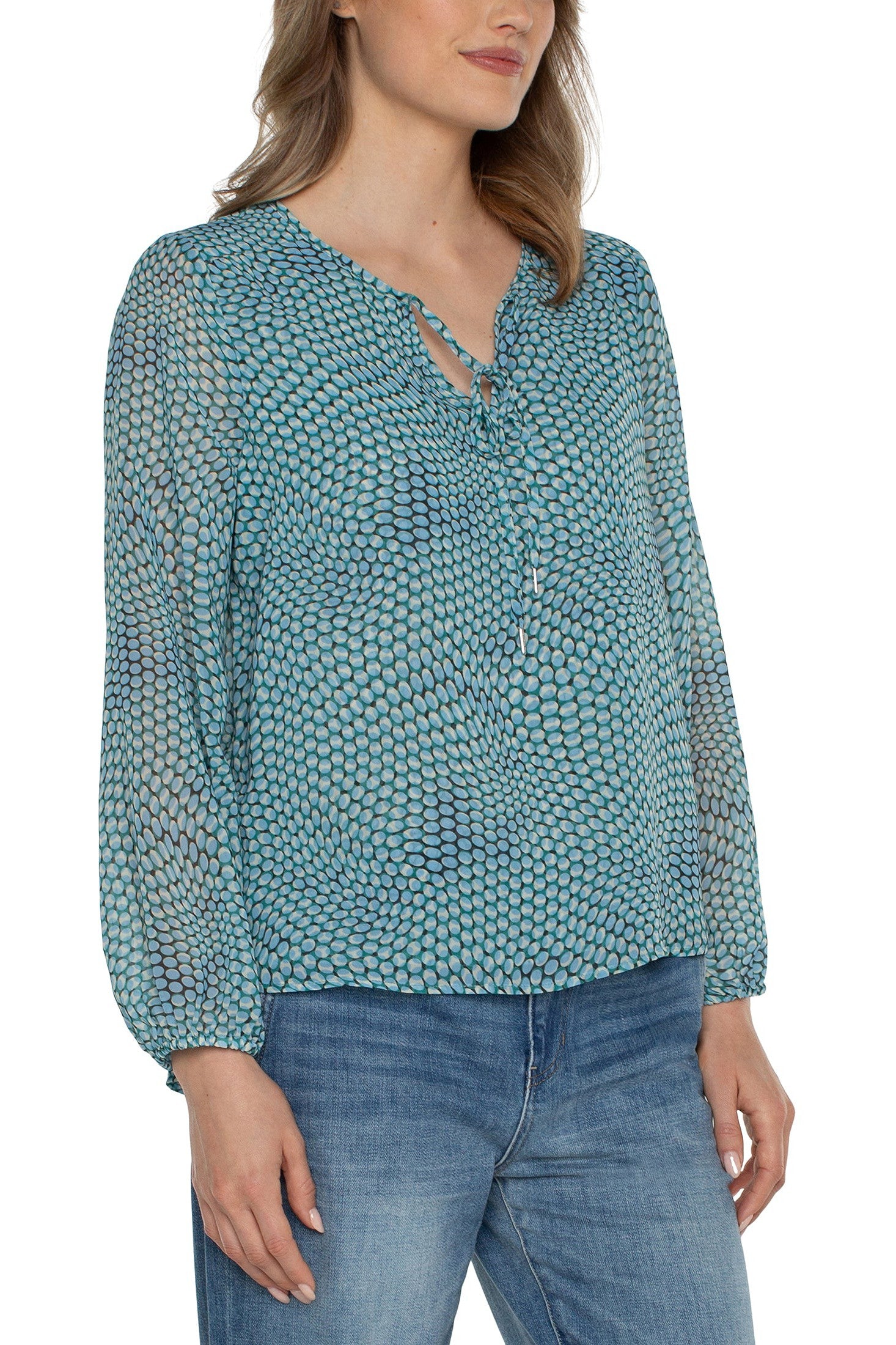 Liverpool Long Sleeve Tie Front Top With Shirred Back In Ocean Blue Dot-Tops-Liverpool-Deja Nu Boutique, Women's Fashion Boutique in Lampasas, Texas