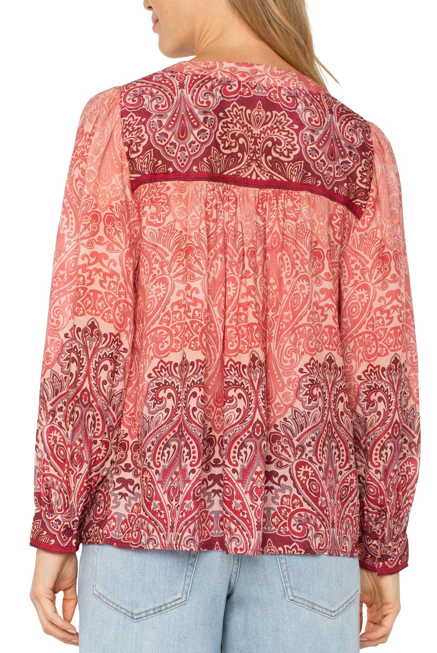 Liverpool Long Sleeve V-Neck Popover Blouse-Tops-Liverpool-Deja Nu Boutique, Women's Fashion Boutique in Lampasas, Texas