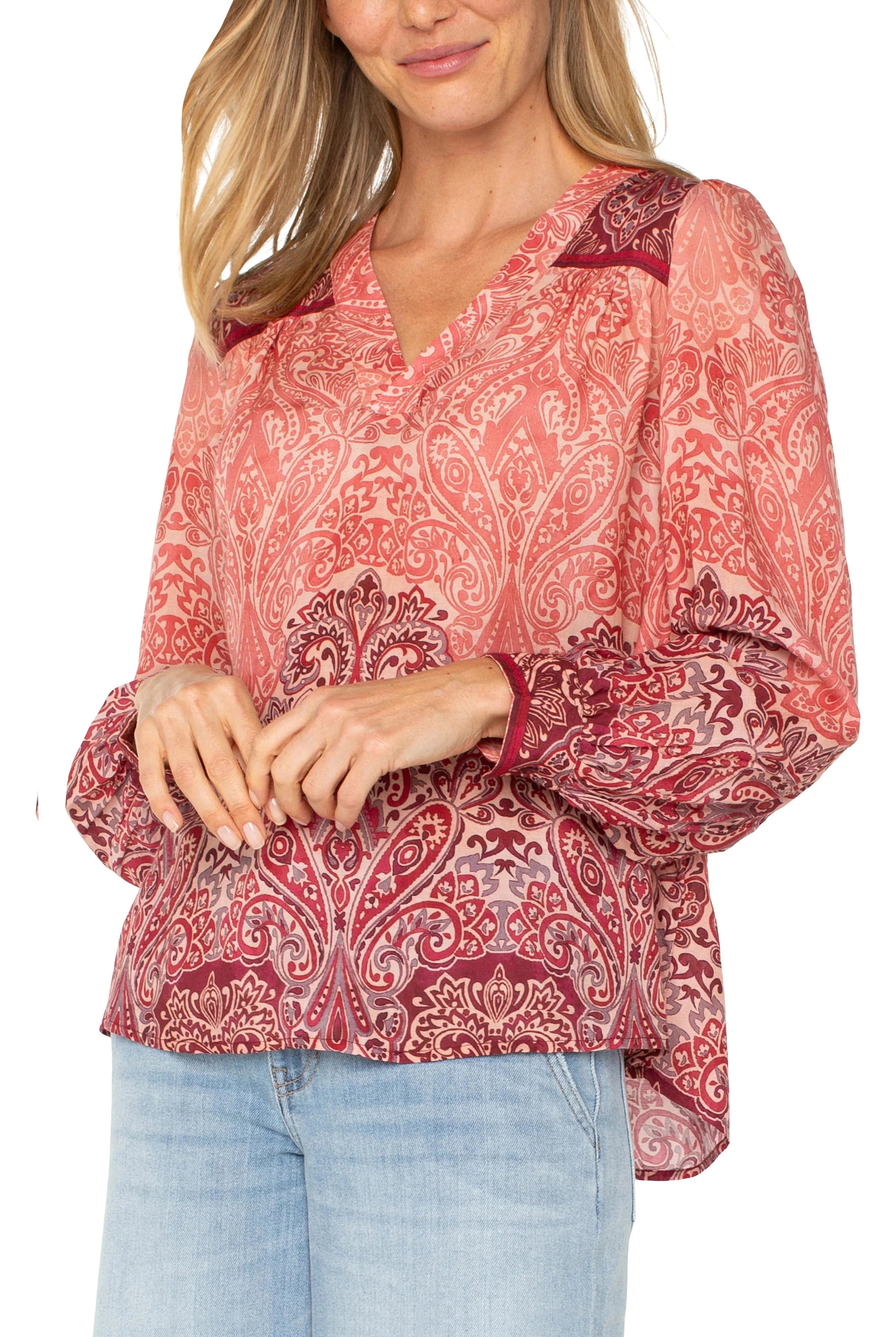 Liverpool Long Sleeve V-Neck Popover Blouse-Tops-Liverpool-Deja Nu Boutique, Women's Fashion Boutique in Lampasas, Texas