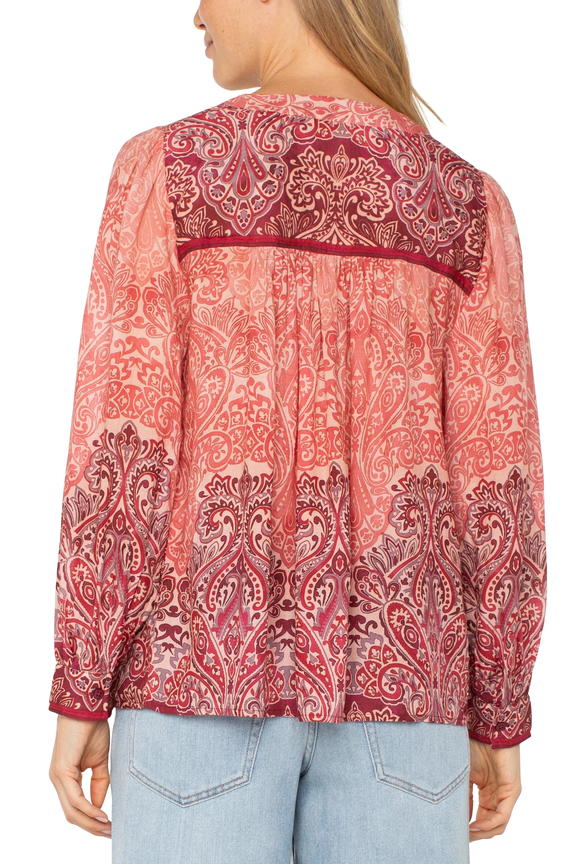 Liverpool Long Sleeve V-Neck Popover Blouse-Tops-Liverpool-Deja Nu Boutique, Women's Fashion Boutique in Lampasas, Texas