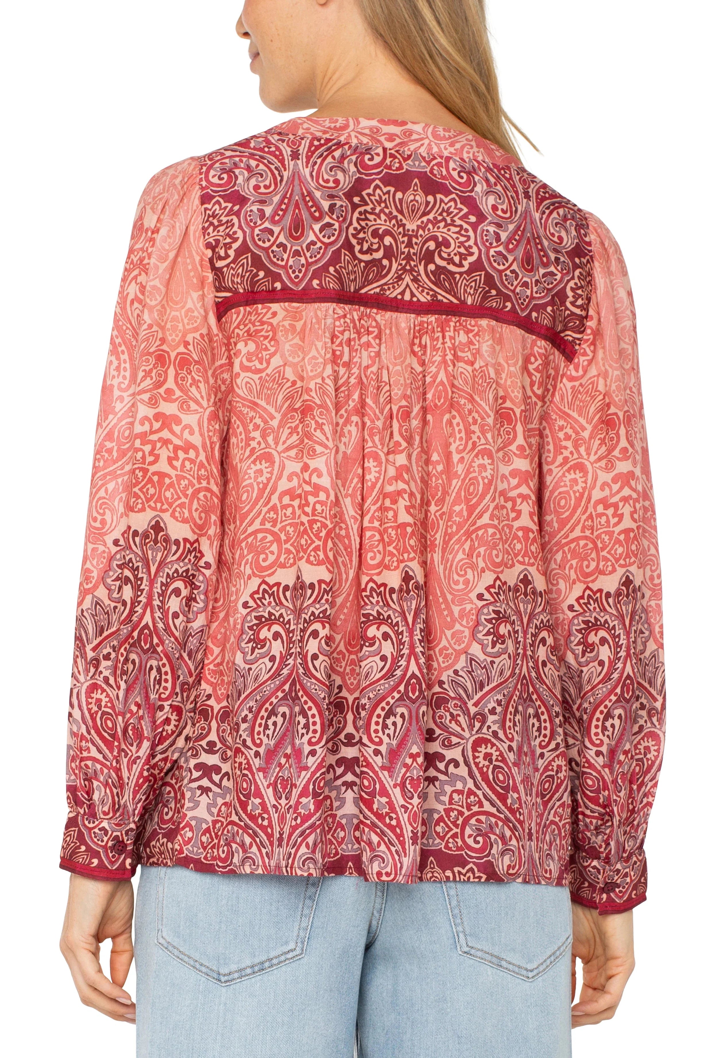 Liverpool Long Sleeve V-Neck Popover Blouse-Tops-Liverpool-Deja Nu Boutique, Women's Fashion Boutique in Lampasas, Texas