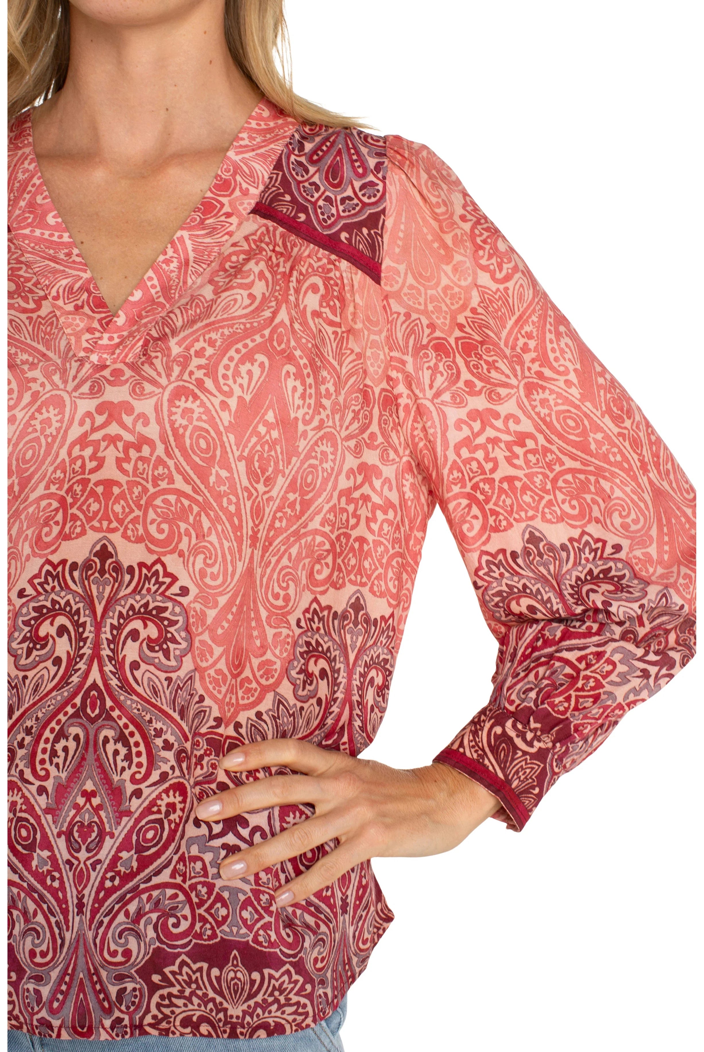 Liverpool Long Sleeve V-Neck Popover Blouse-Tops-Liverpool-Deja Nu Boutique, Women's Fashion Boutique in Lampasas, Texas