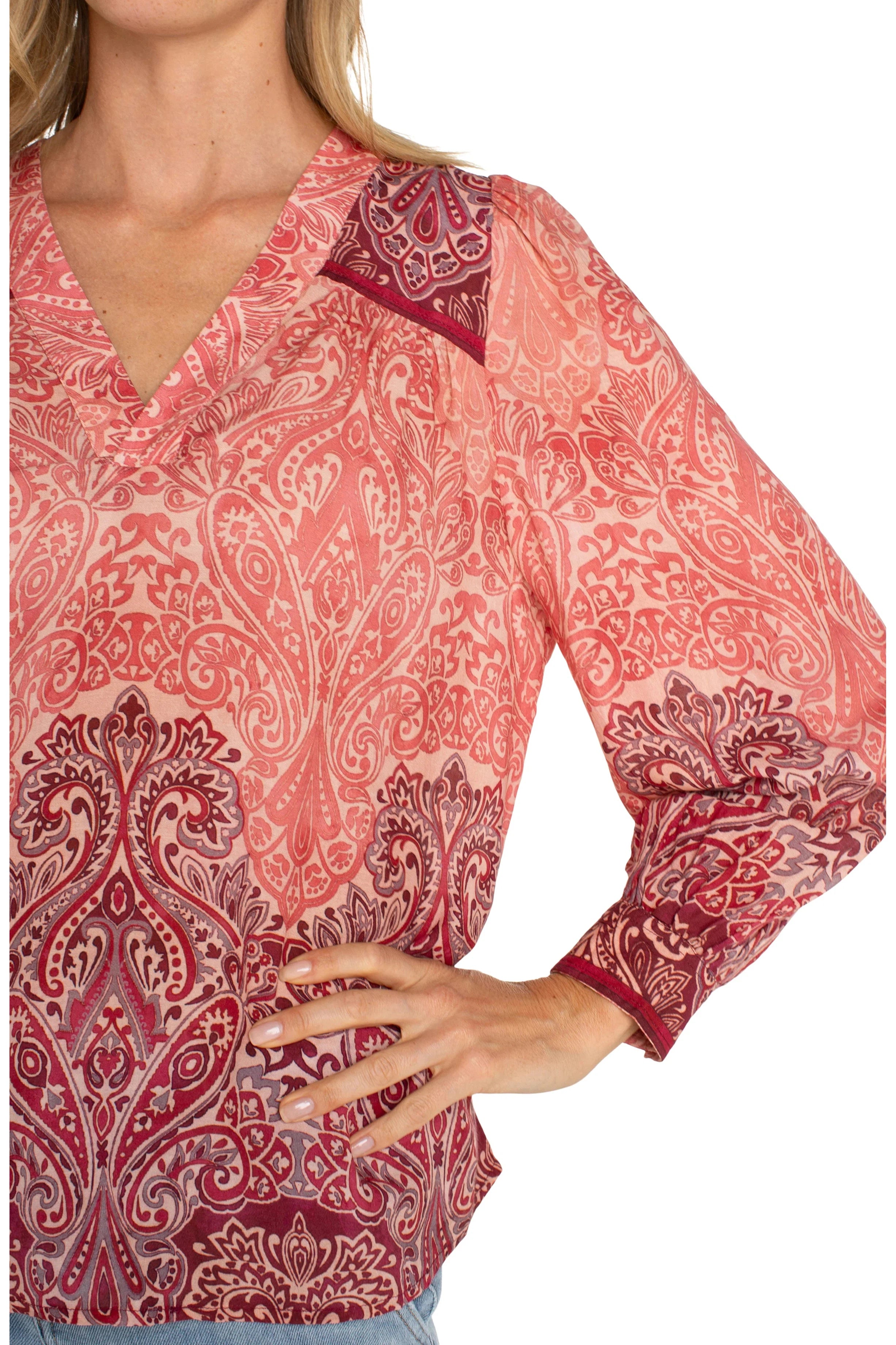 Liverpool Long Sleeve V-Neck Popover Blouse-Tops-Liverpool-Deja Nu Boutique, Women's Fashion Boutique in Lampasas, Texas