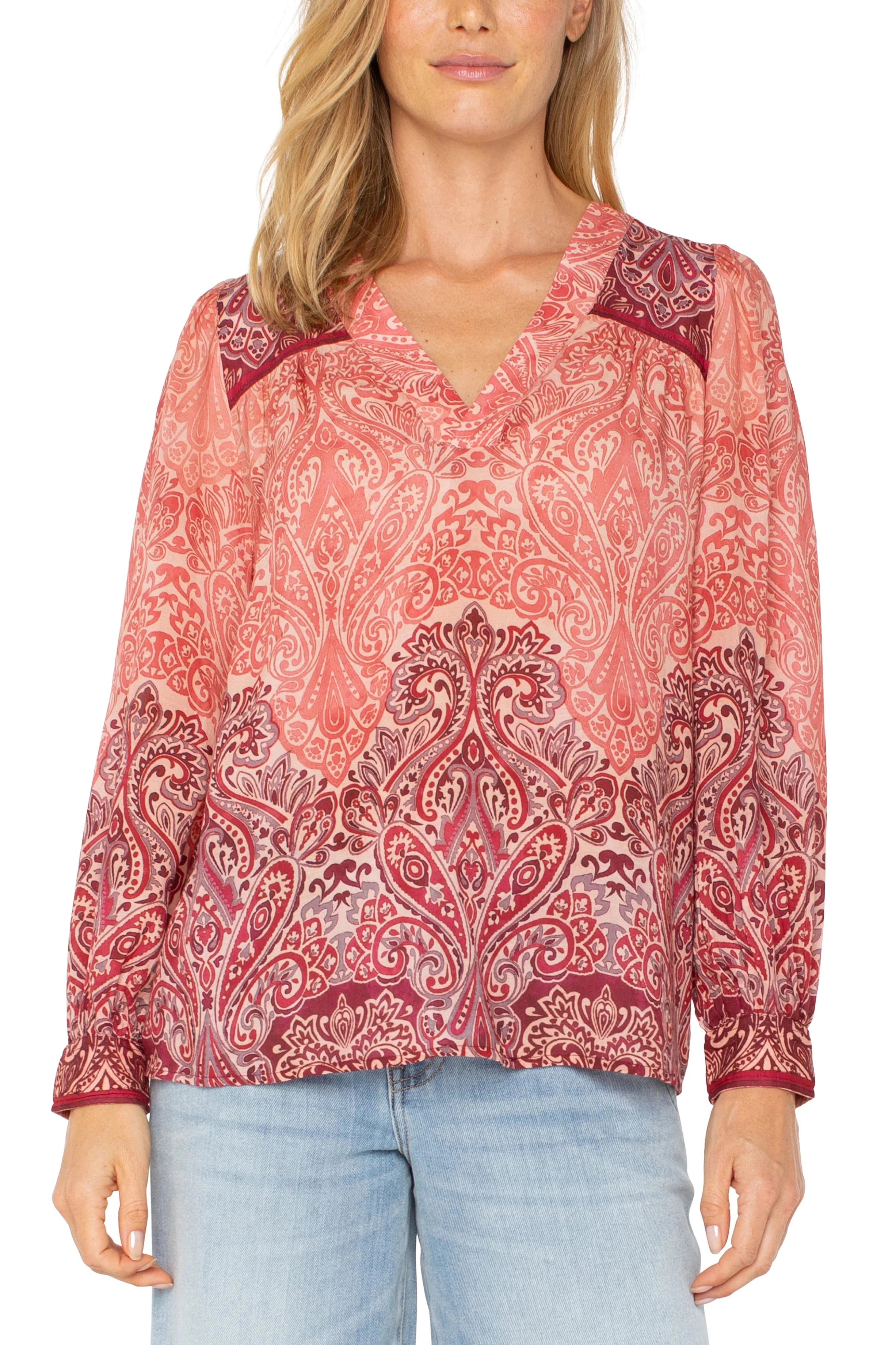 Liverpool Long Sleeve V-Neck Popover Blouse-Tops-Liverpool-Deja Nu Boutique, Women's Fashion Boutique in Lampasas, Texas