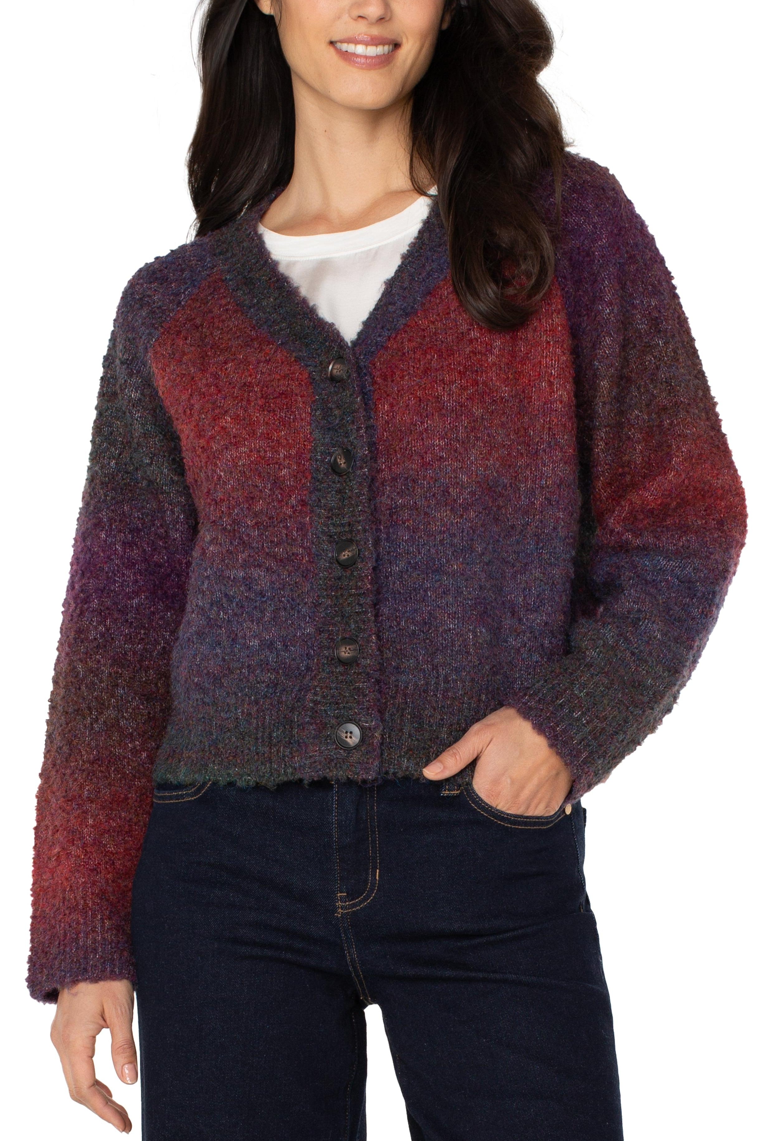 Liverpool Los Angeles Burgundy Ombre Raglan Button Front Cardigan-Cardigans & Kimonos-Liverpool-Deja Nu Boutique, Women's Fashion Boutique in Lampasas, Texas