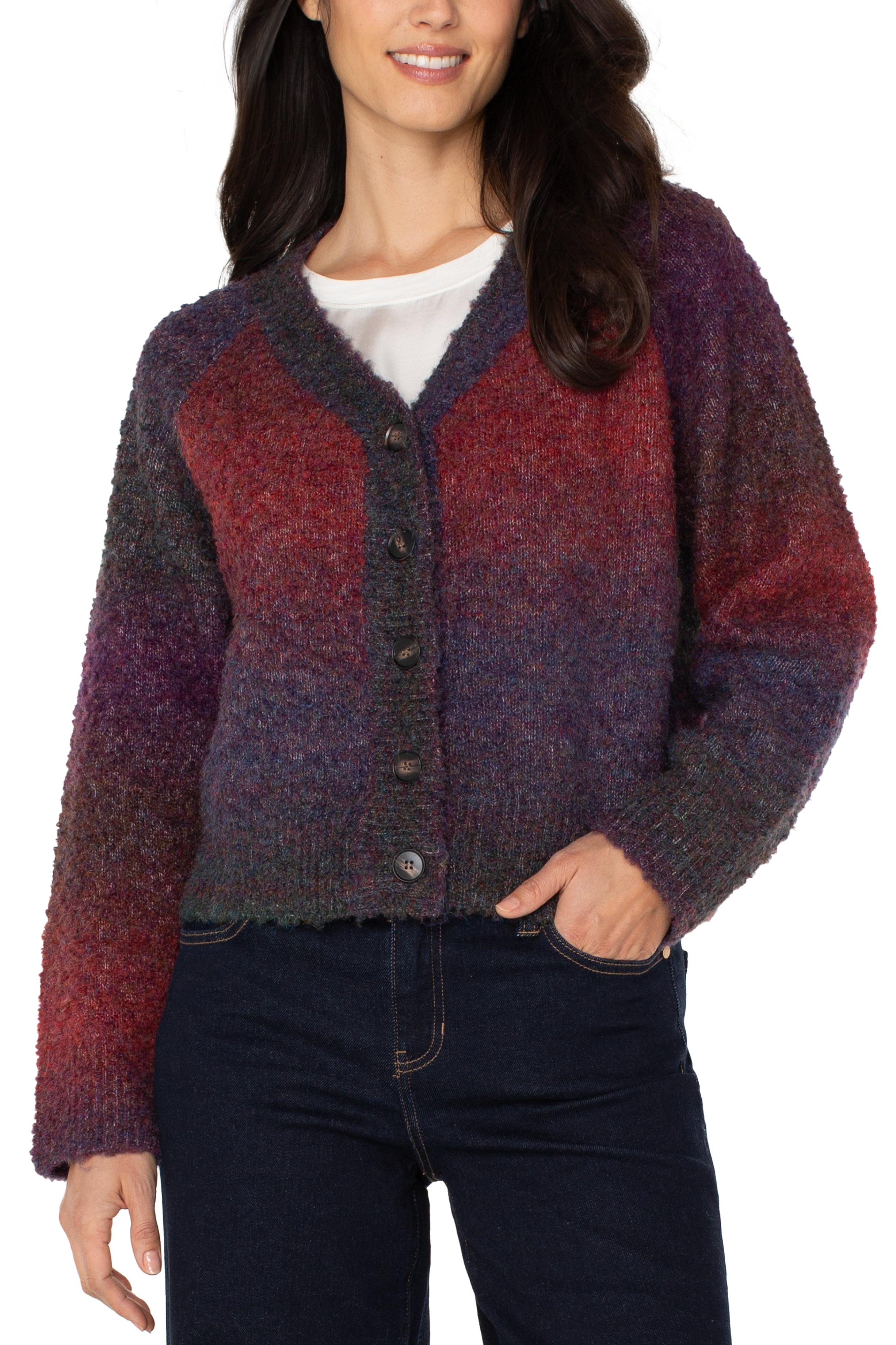 Liverpool Los Angeles Burgundy Ombre Raglan Button Front Cardigan-Cardigans & Kimonos-Liverpool-Deja Nu Boutique, Women's Fashion Boutique in Lampasas, Texas