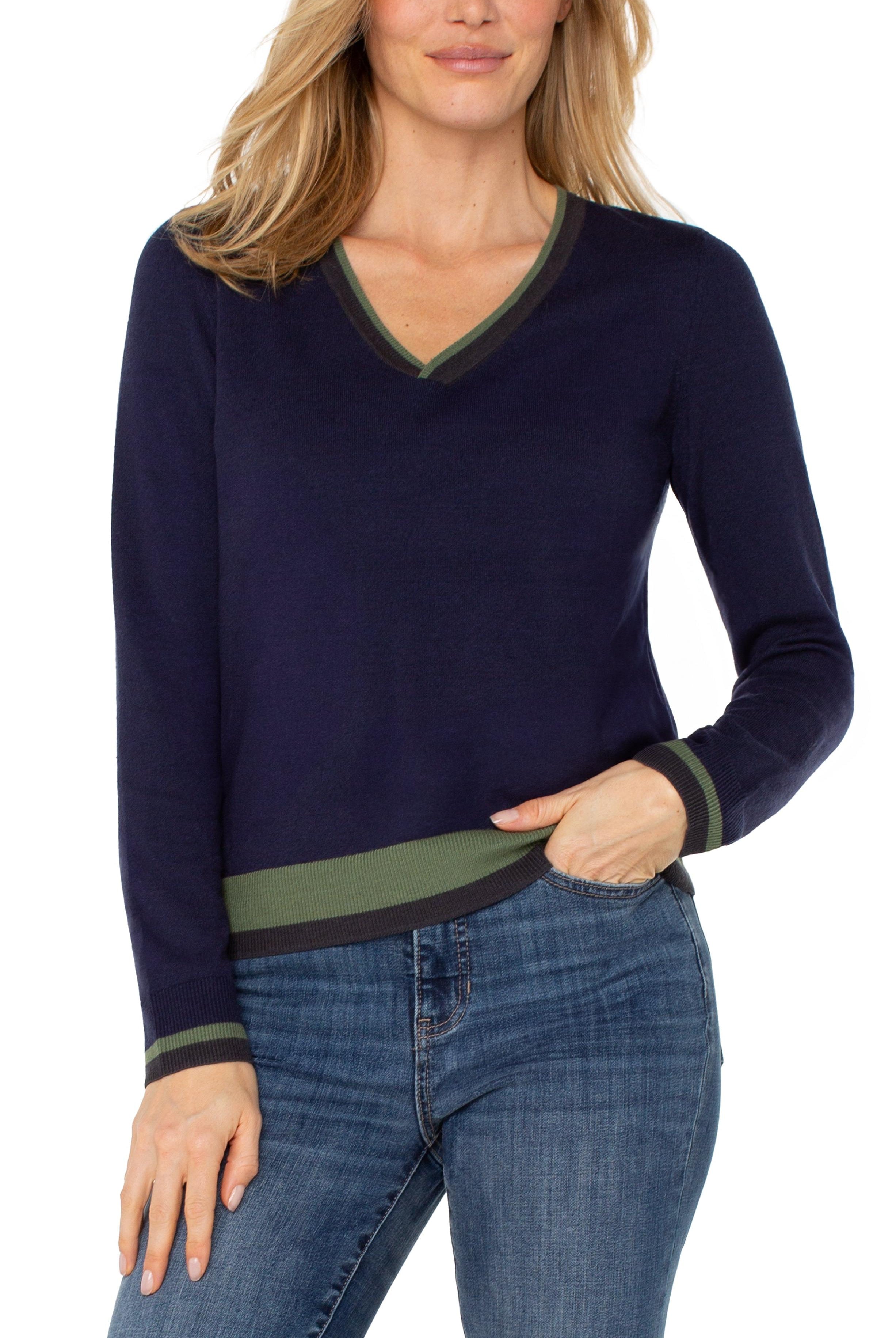 Liverpool Los Angeles Colorblock V-Neck Sweater in Navy & Green-Sweaters-Liverpool-Deja Nu Boutique, Women's Fashion Boutique in Lampasas, Texas