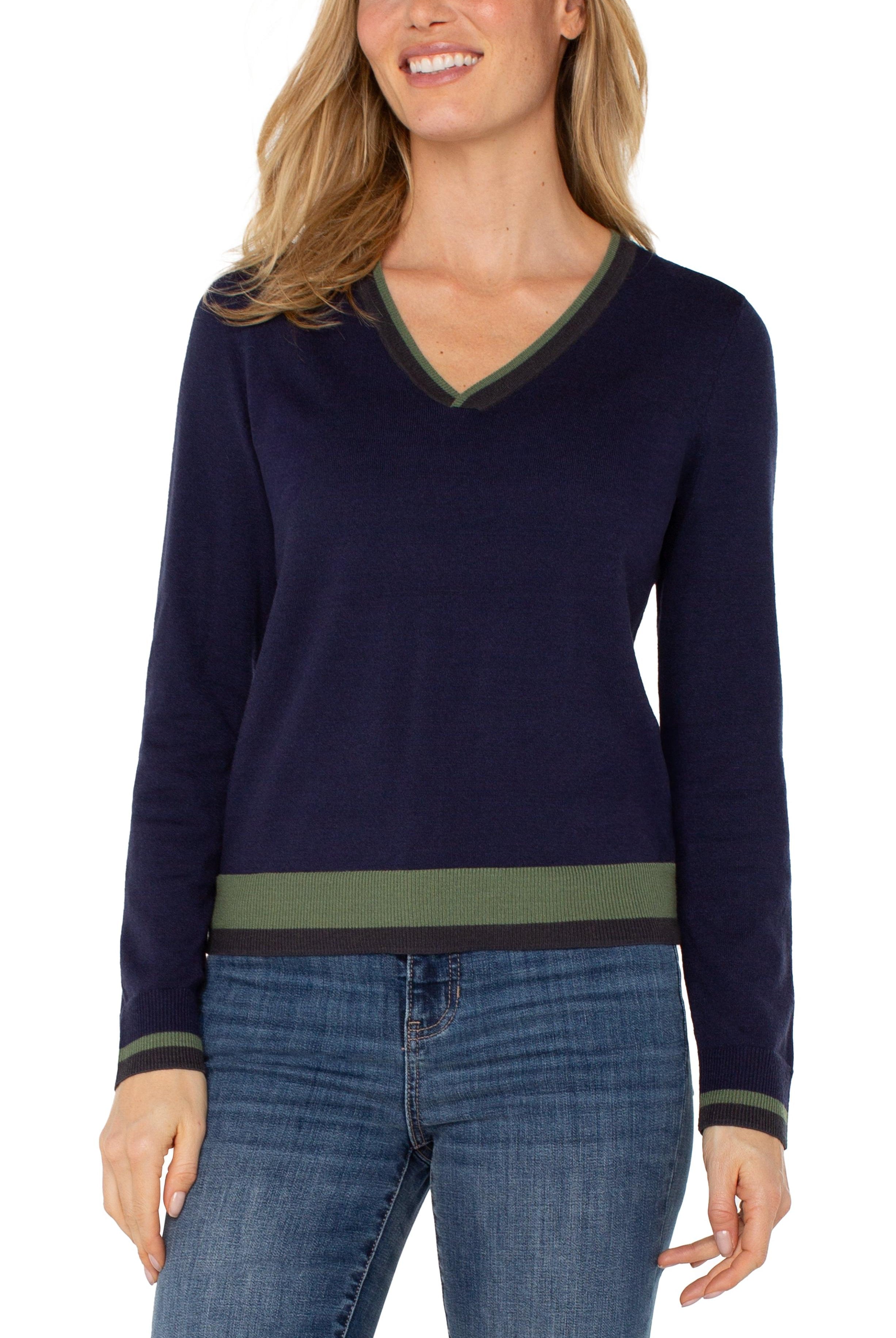 Liverpool Los Angeles Colorblock V-Neck Sweater in Navy & Green-Sweaters-Liverpool-Deja Nu Boutique, Women's Fashion Boutique in Lampasas, Texas