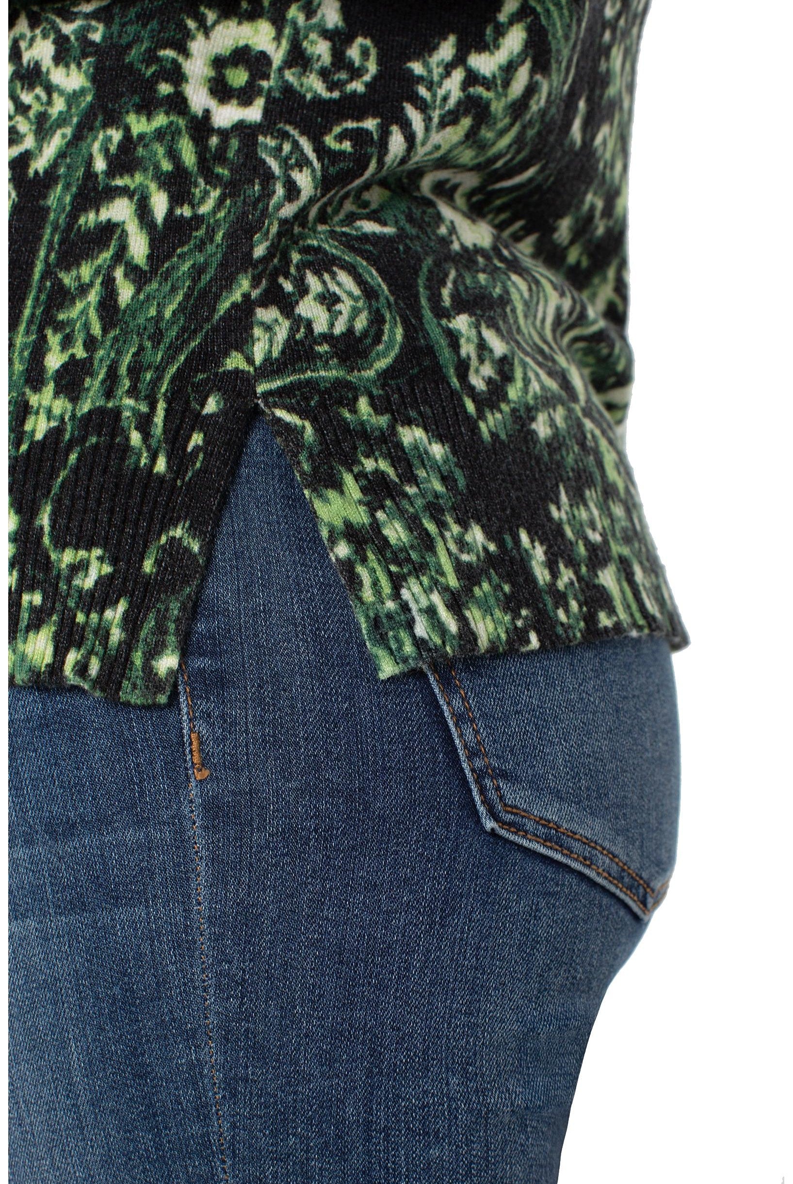 Liverpool Los Angeles Deep Green Paisley Raglan Sweater with Side Slit-Sweaters-Liverpool-Deja Nu Boutique, Women's Fashion Boutique in Lampasas, Texas