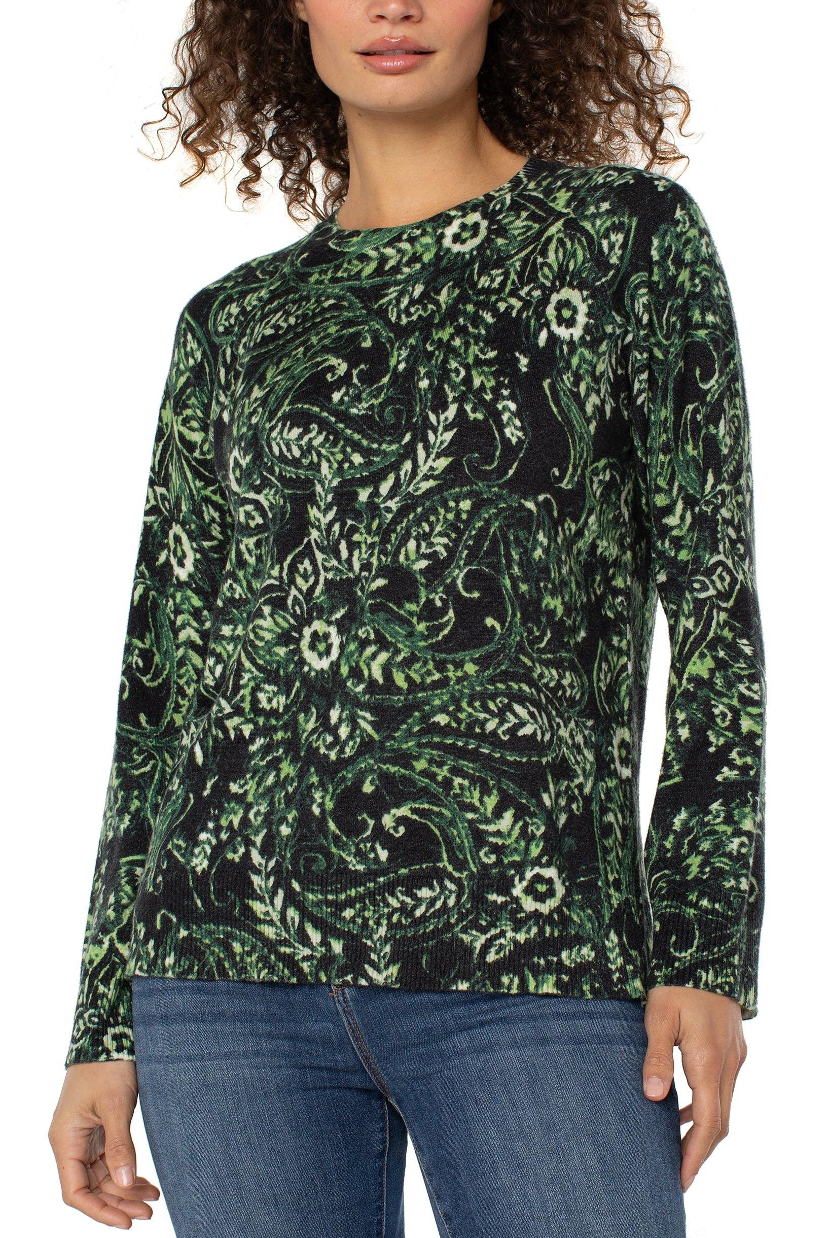 Liverpool Los Angeles Deep Green Paisley Raglan Sweater with Side Slit-Sweaters-Liverpool-Deja Nu Boutique, Women's Fashion Boutique in Lampasas, Texas