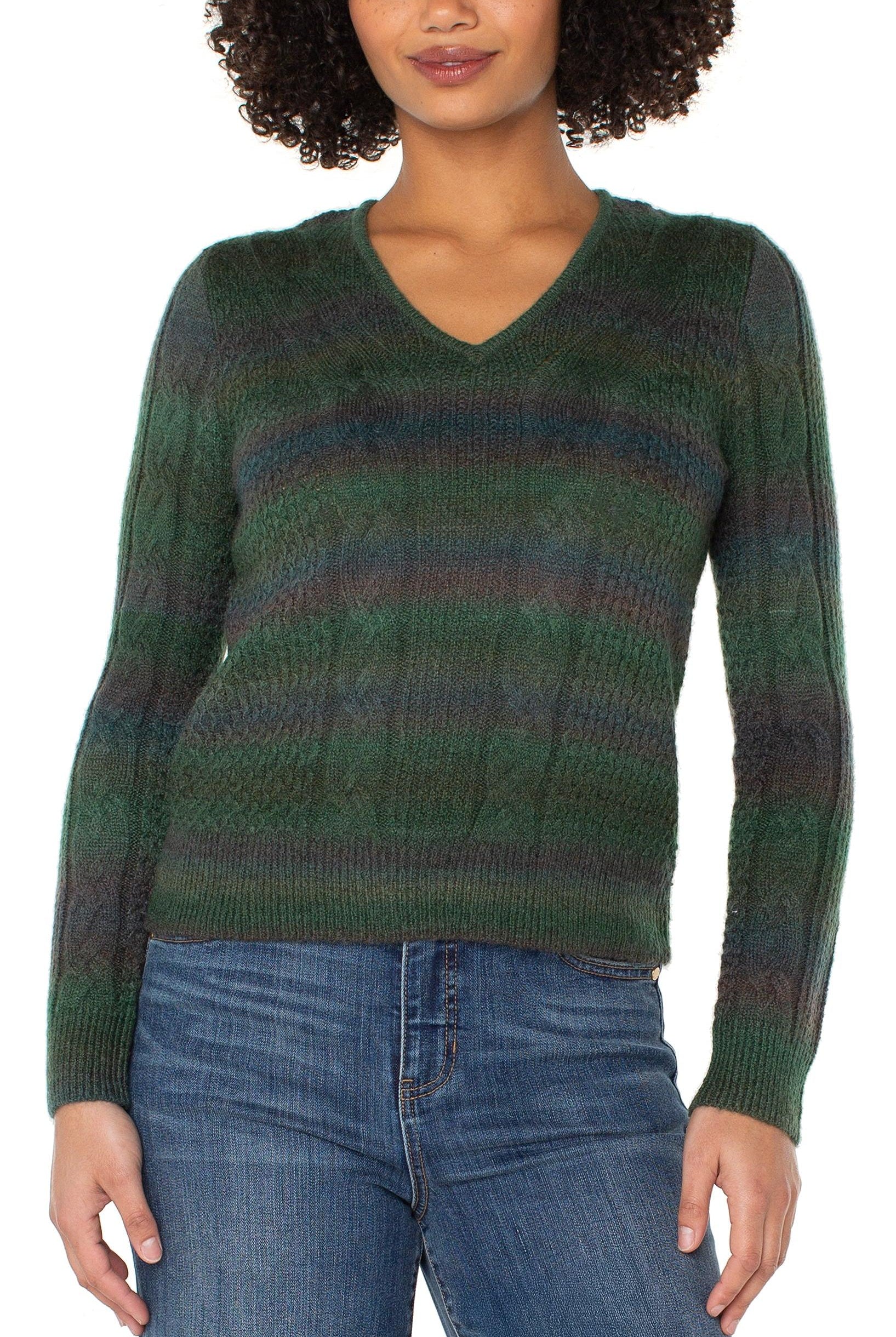 Liverpool Los Angeles Emerald Multi Space Dye Cable Stitch Sweater-Sweaters-Liverpool-Deja Nu Boutique, Women's Fashion Boutique in Lampasas, Texas