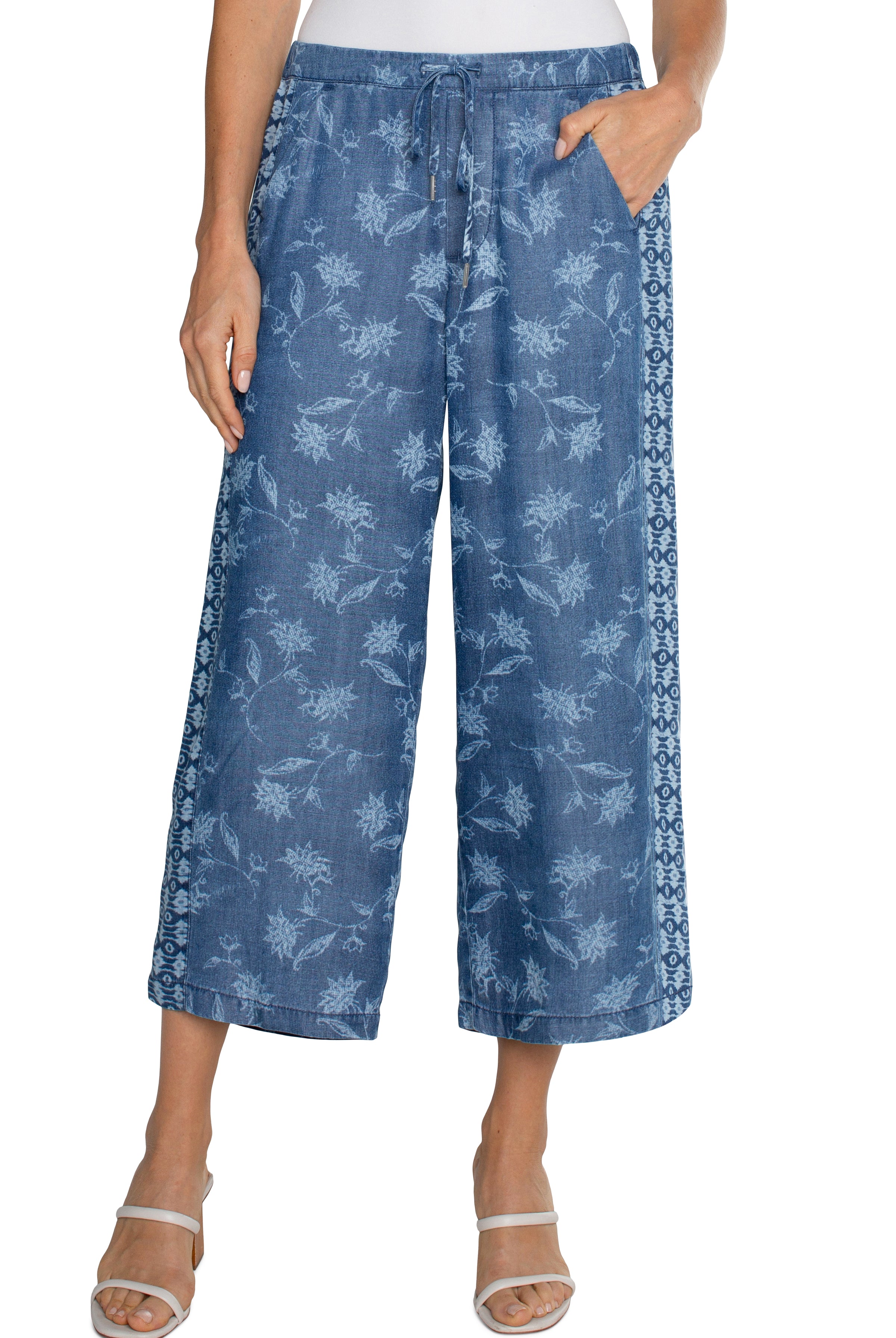Liverpool Los Angeles Pull On Wide Leg Crop Trouser In Indigo Floral-Bottoms-Liverpool-Deja Nu Boutique, Women's Fashion Boutique in Lampasas, Texas