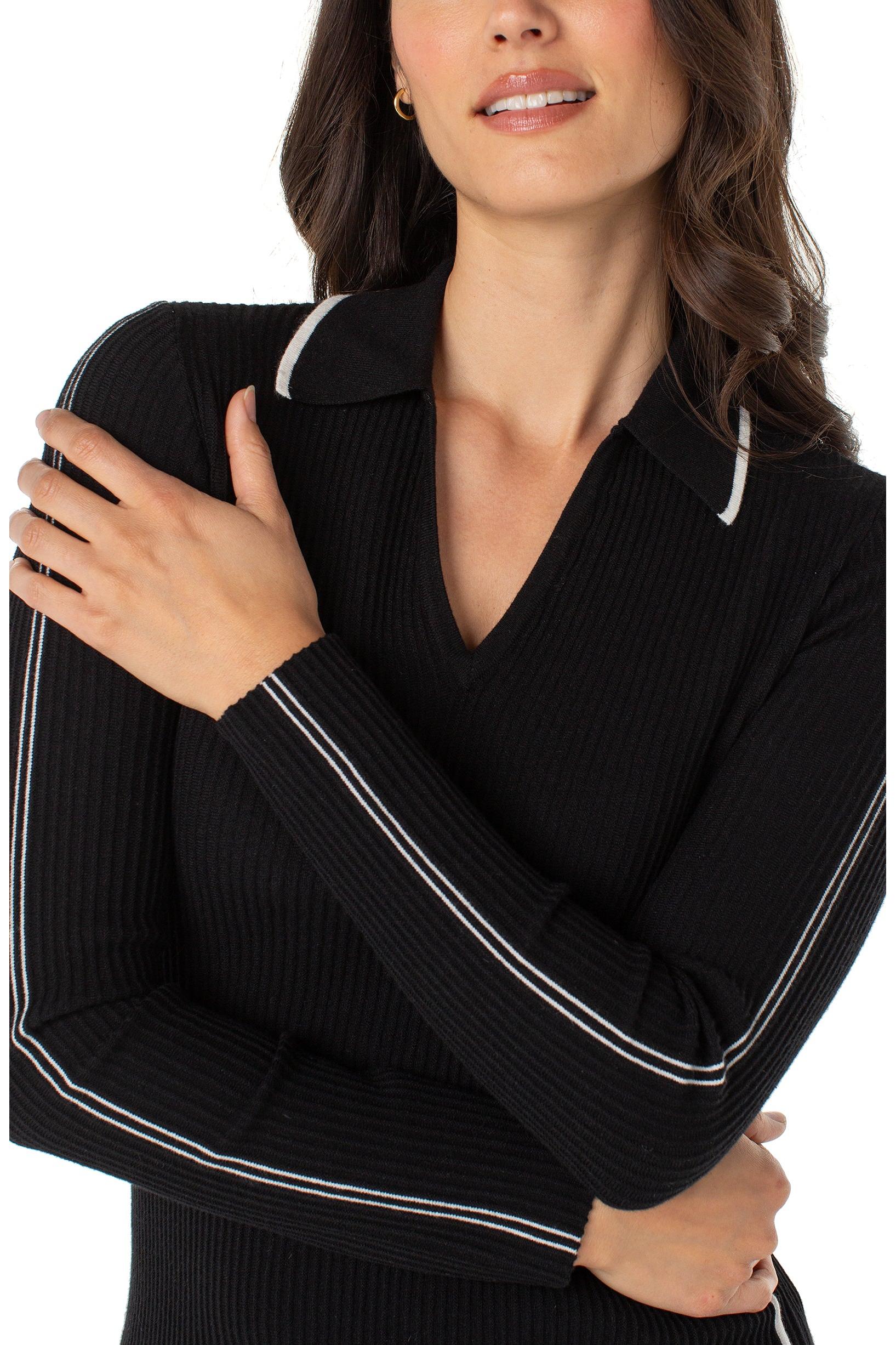 Liverpool Los Angeles Ribbed Polo Sweater in Black with Vintage White Stripe-Sweaters-Liverpool-Deja Nu Boutique, Women's Fashion Boutique in Lampasas, Texas