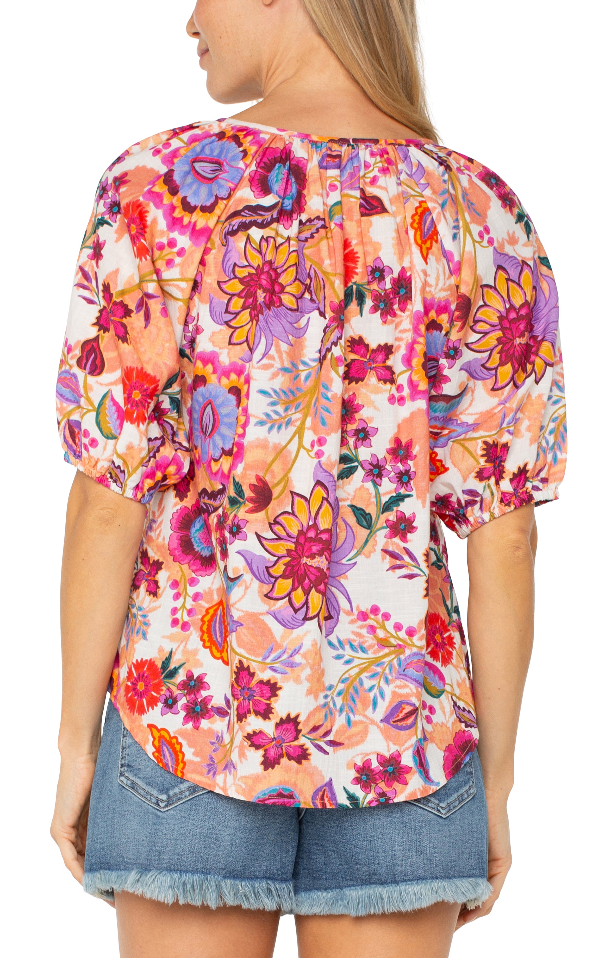 Liverpool Los Angeles Shirred Floral Short Sleeve Button-Up Shirt-shirts-Liverpool-Deja Nu Boutique, Women's Fashion Boutique in Lampasas, Texas