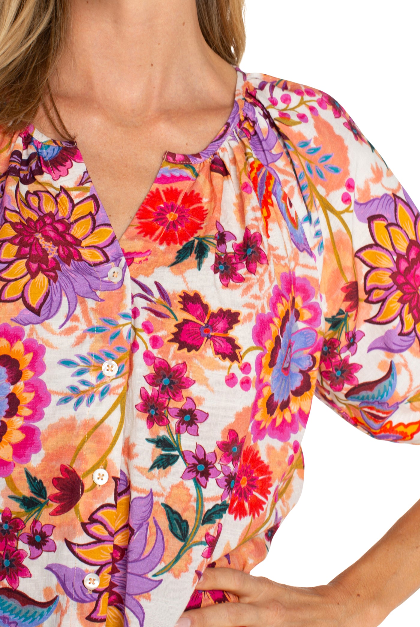 Liverpool Los Angeles Shirred Floral Short Sleeve Button-Up Shirt-shirts-Liverpool-Deja Nu Boutique, Women's Fashion Boutique in Lampasas, Texas