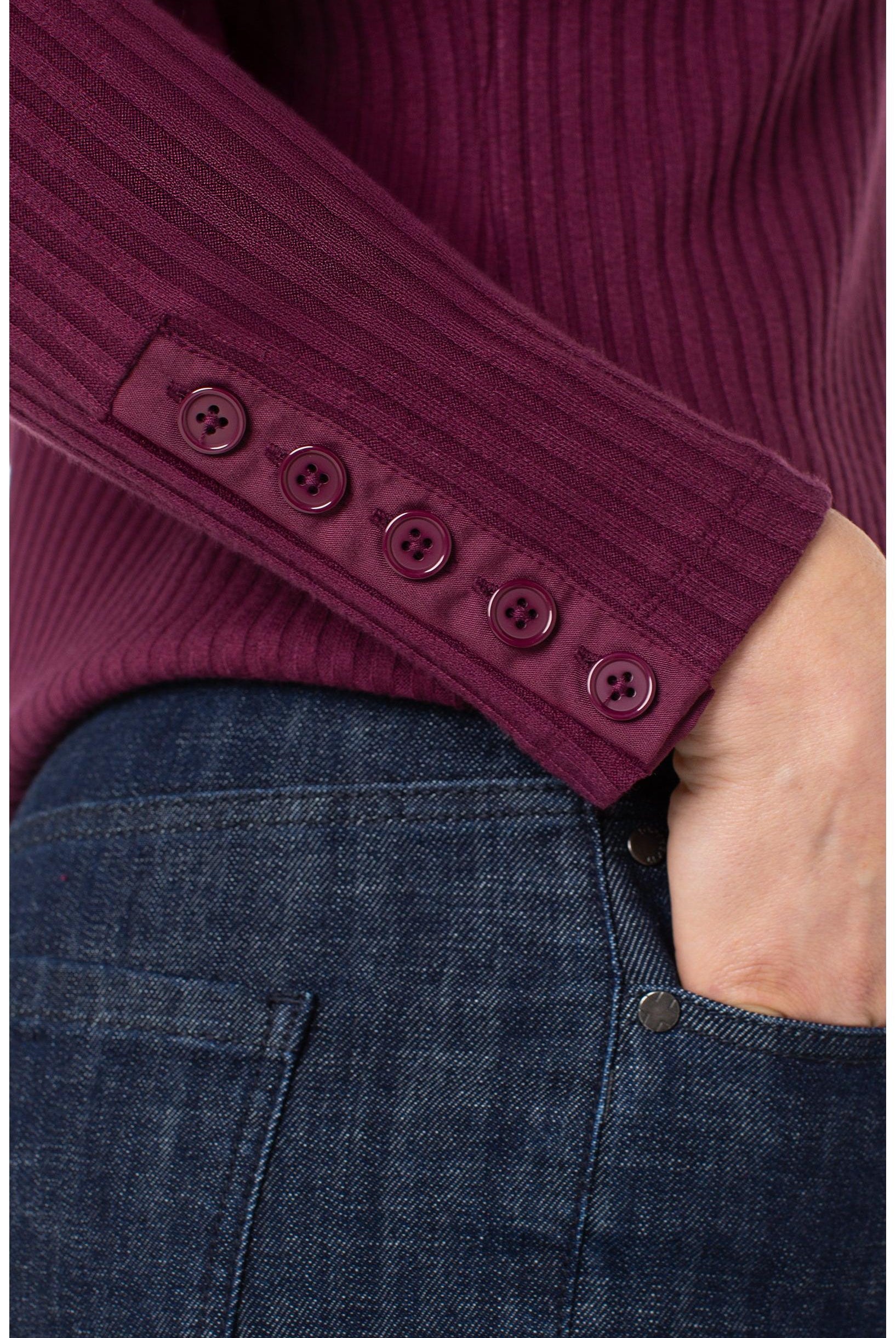 Liverpool Los Angeles Wine Berry Long Sleeve Mock Neck Knit Top with Button Detail-Sweaters-Liverpool-Deja Nu Boutique, Women's Fashion Boutique in Lampasas, Texas