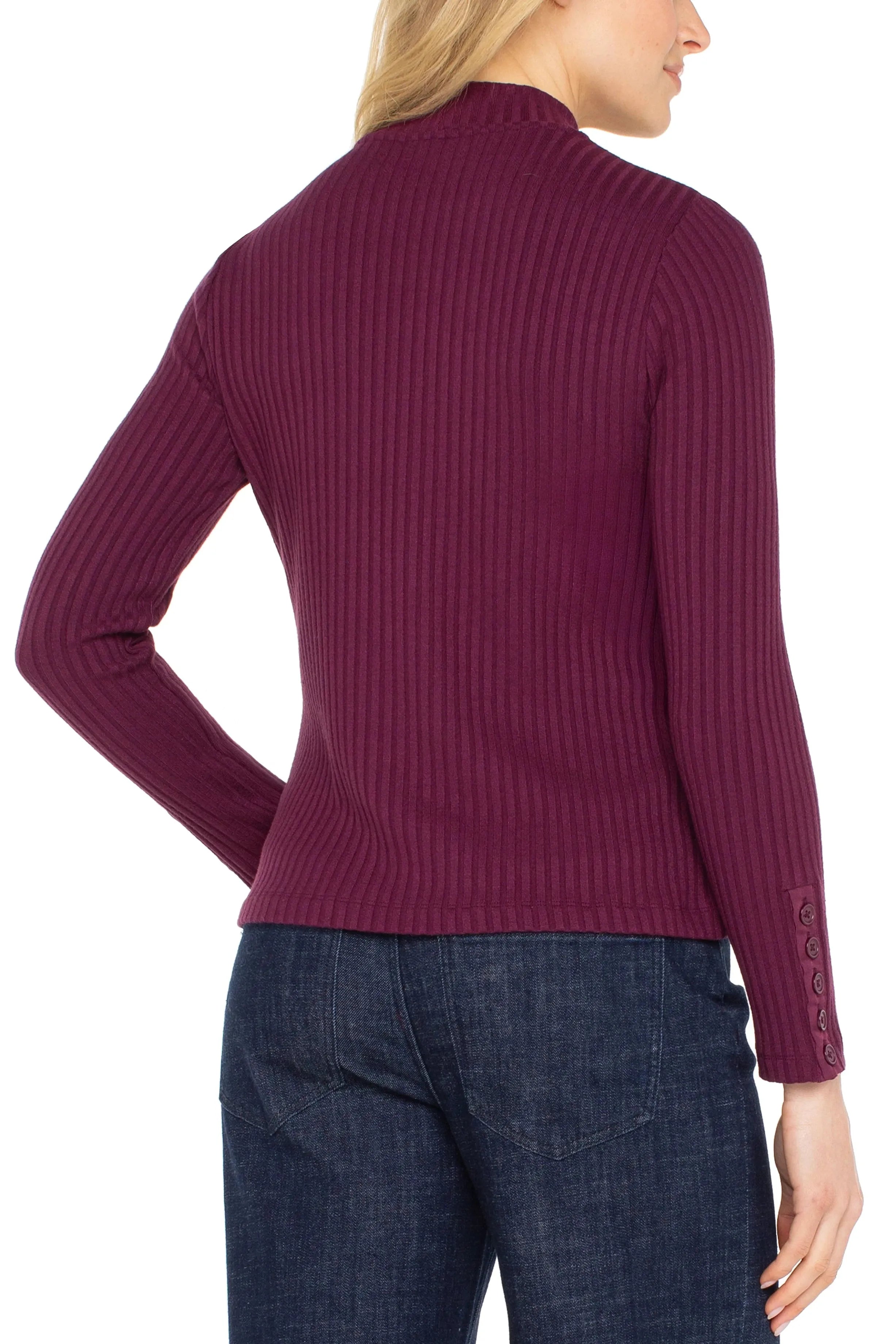Liverpool Los Angeles Wine Berry Long Sleeve Mock Neck Knit Top with Button Detail-Sweaters-Liverpool-Deja Nu Boutique, Women's Fashion Boutique in Lampasas, Texas