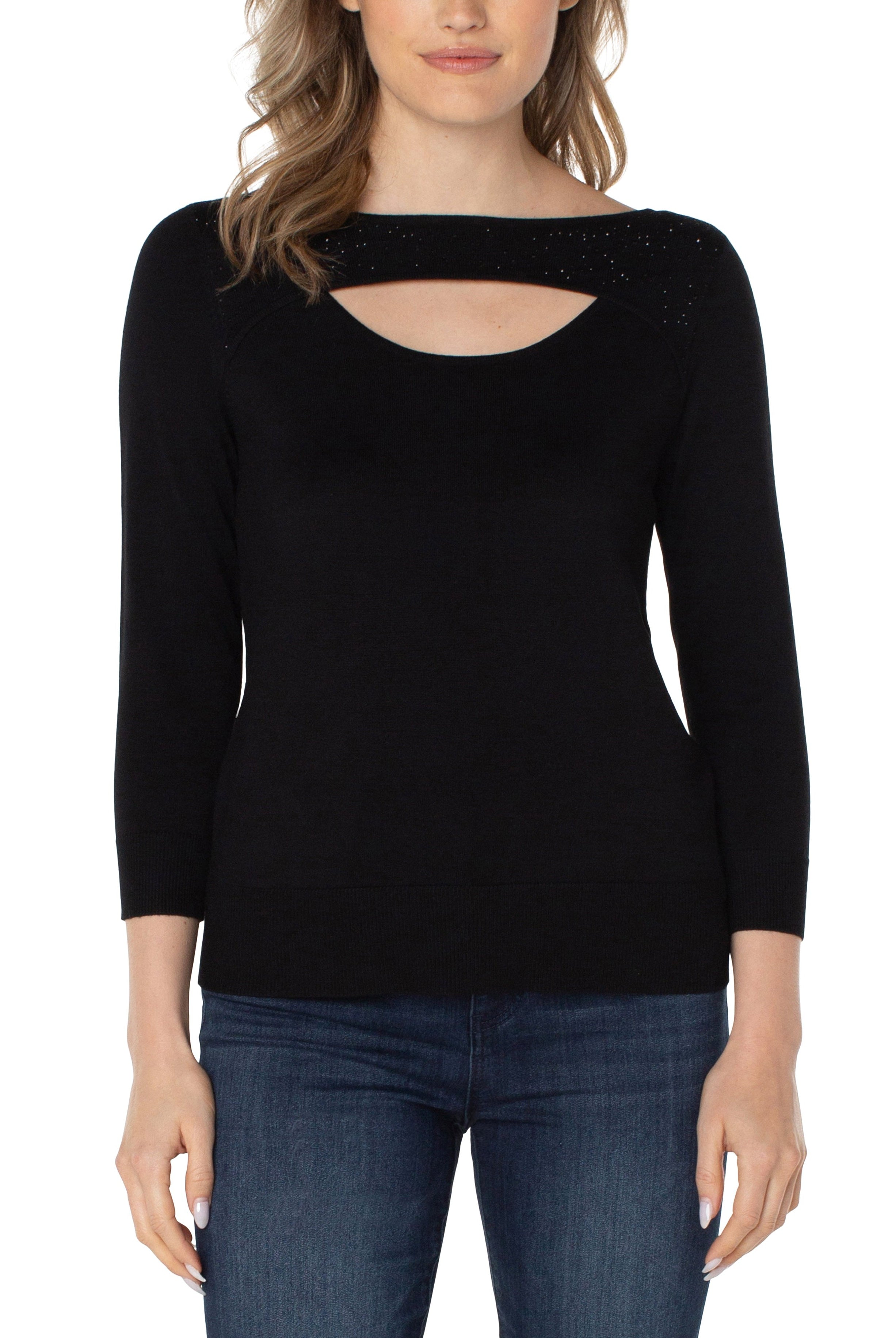 Liverpool Mid Sleeve Sweater With Rhinestones In Black-Tops-Liverpool-Deja Nu Boutique, Women's Fashion Boutique in Lampasas, Texas