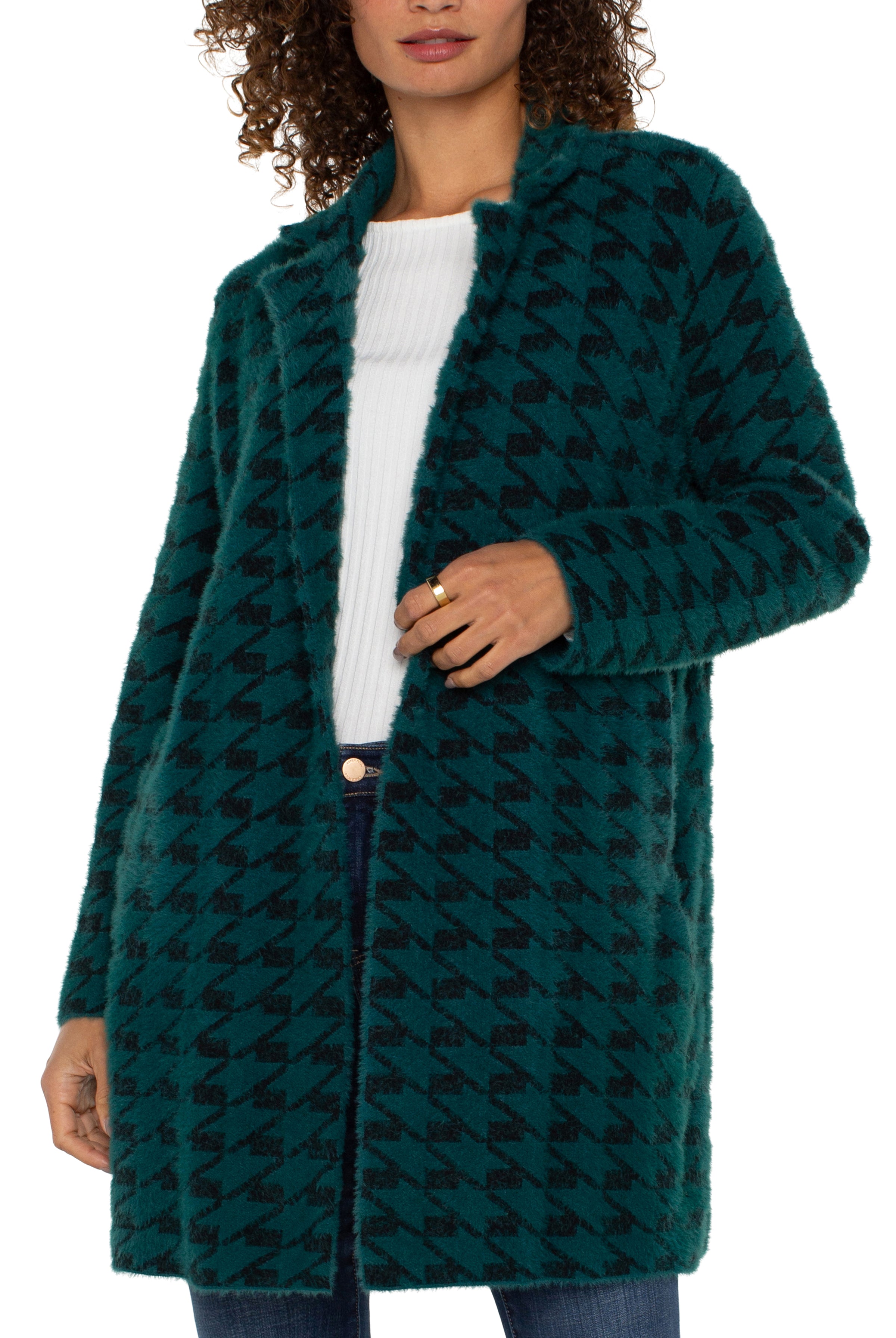 Liverpool Open Front Coatigan Sweater In Dark Forest Houndstooth-Coat-Liverpool-Deja Nu Boutique, Women's Fashion Boutique in Lampasas, Texas