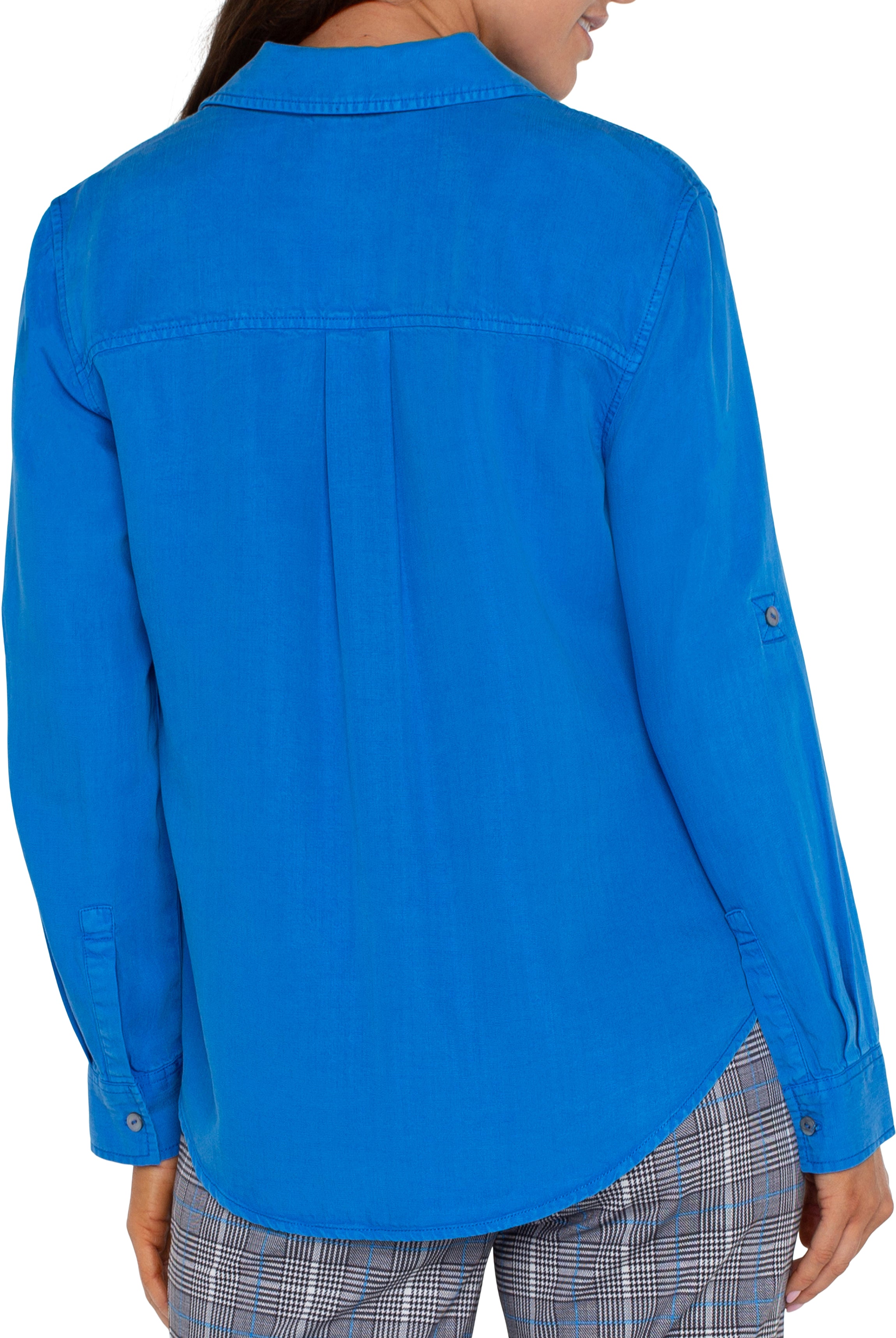 Liverpool Rolled Sleeve Button Down Shirt In Blue Topaz-shirts-Liverpool-Deja Nu Boutique, Women's Fashion Boutique in Lampasas, Texas