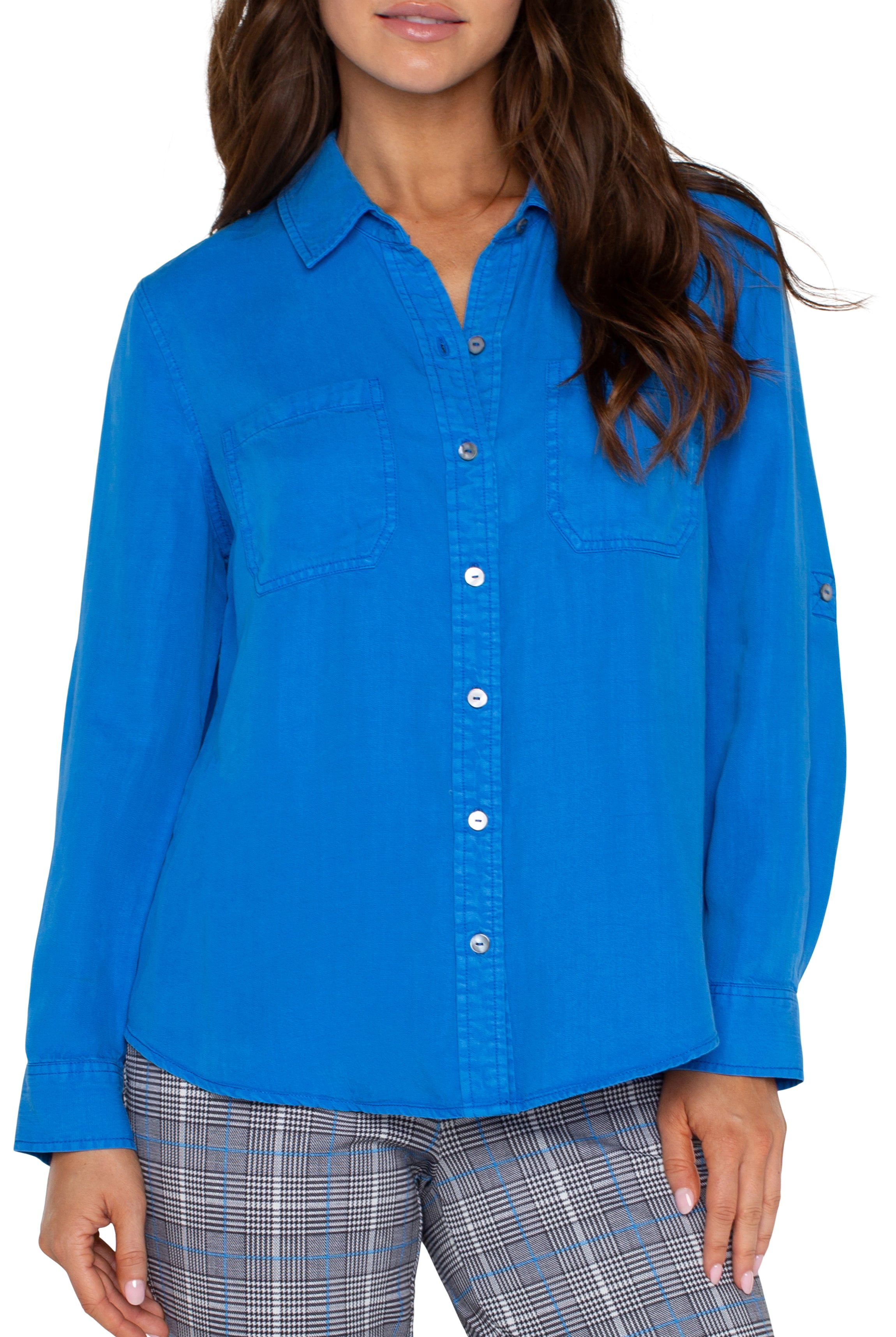 Liverpool Rolled Sleeve Button Down Shirt In Blue Topaz-shirts-Liverpool-Deja Nu Boutique, Women's Fashion Boutique in Lampasas, Texas