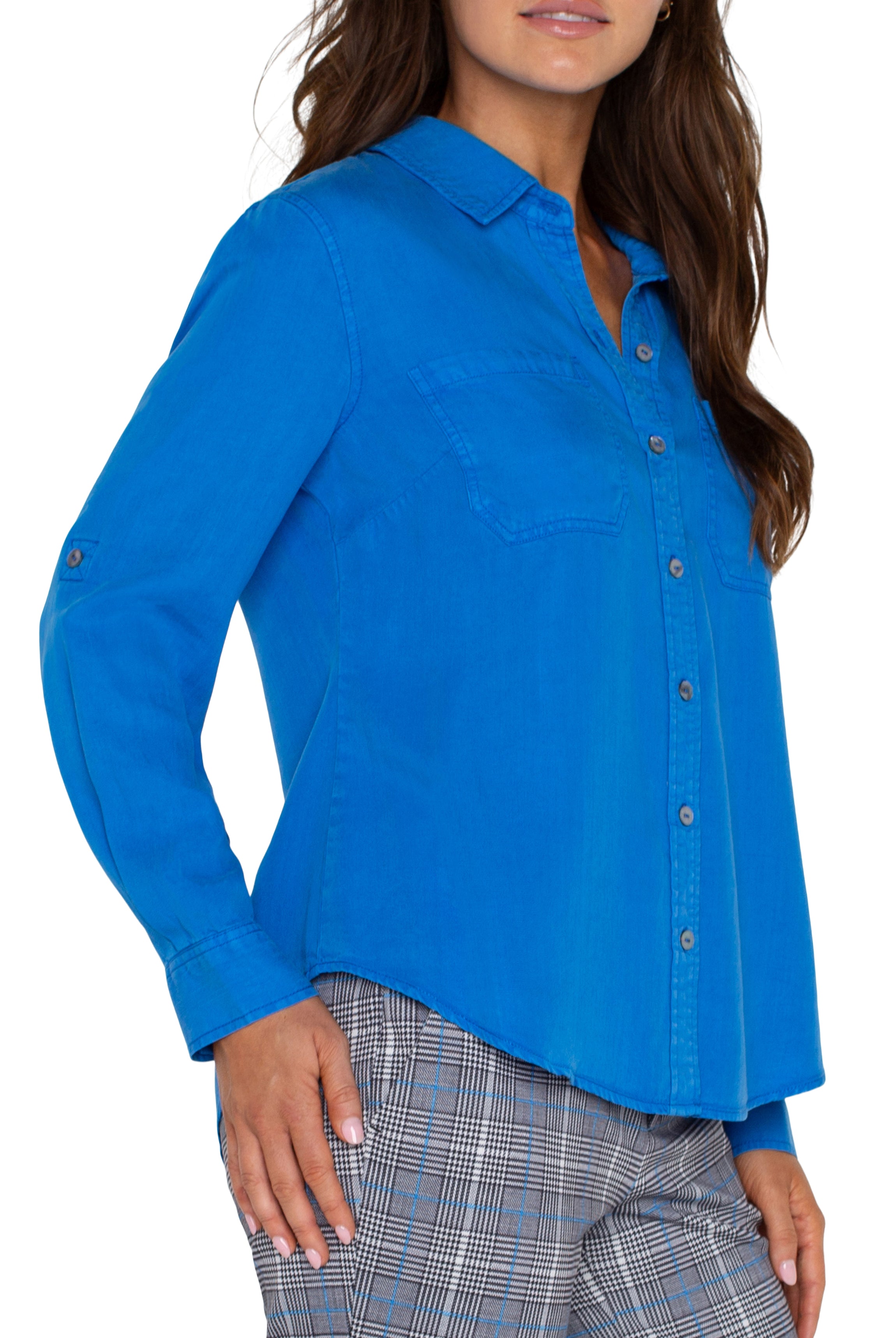 Liverpool Rolled Sleeve Button Down Shirt In Blue Topaz-shirts-Liverpool-Deja Nu Boutique, Women's Fashion Boutique in Lampasas, Texas