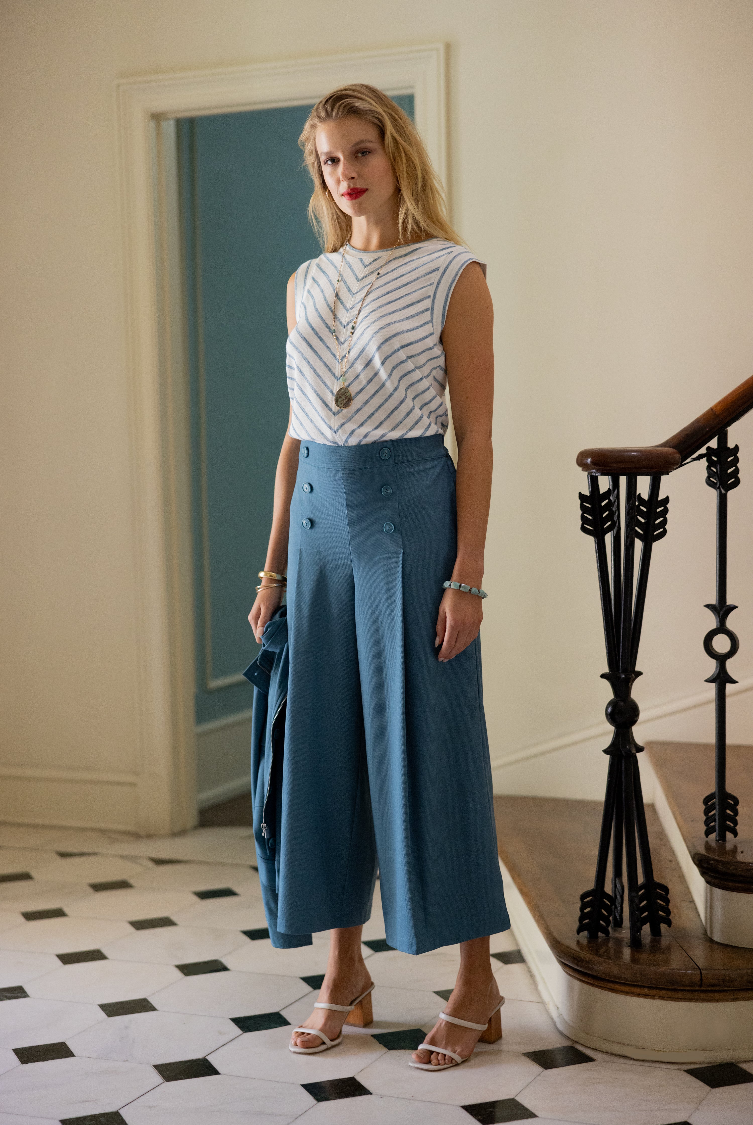 Liverpool Sailor Crop Wide Leg 25in Inseam In Ocean Blue-Bottoms-Liverpool-Deja Nu Boutique, Women's Fashion Boutique in Lampasas, Texas