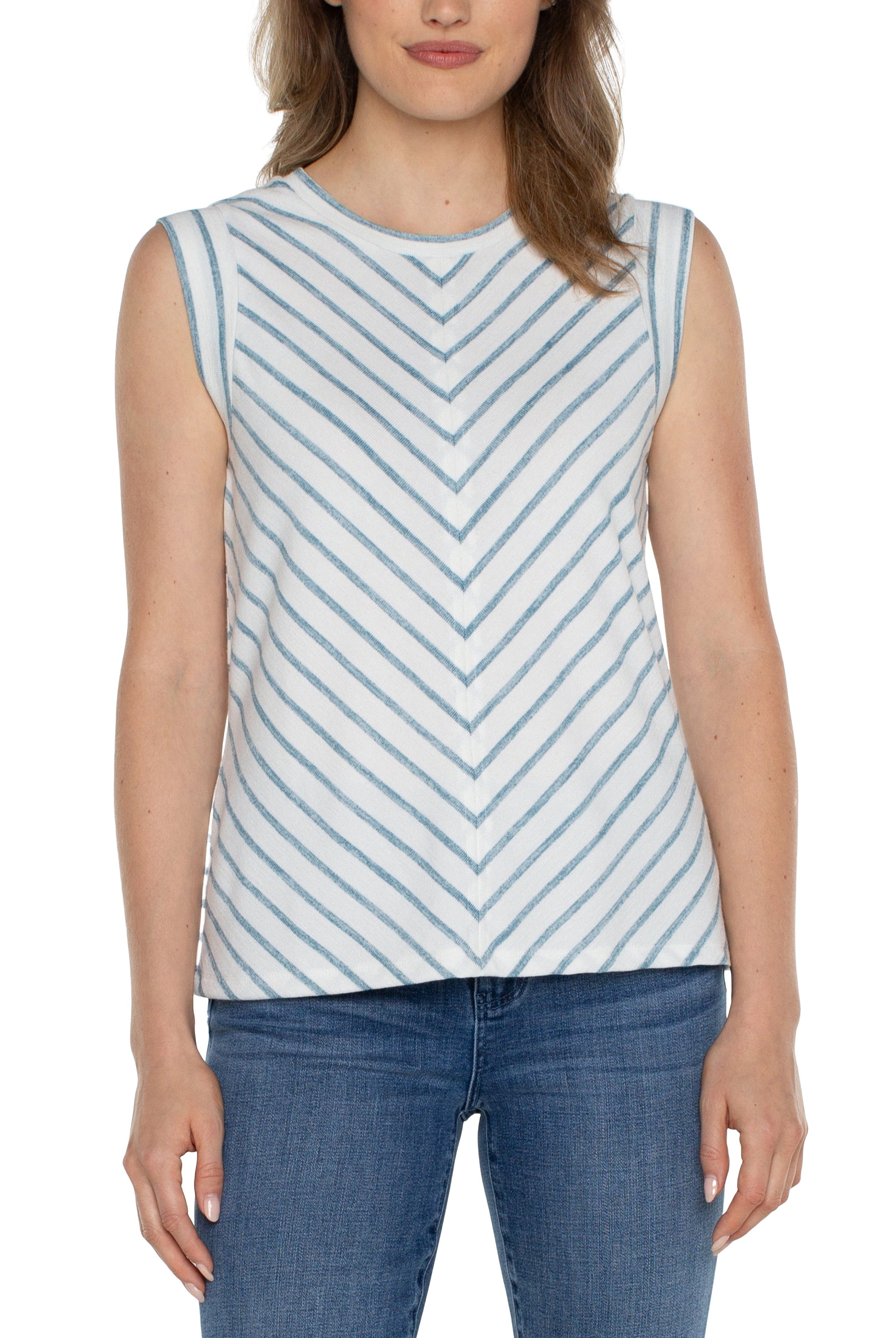 Liverpool Scoop Neck Modern Muscle Tee With Miter Front In Ocean Blue Stripe-Camis/Tanks-Liverpool-Deja Nu Boutique, Women's Fashion Boutique in Lampasas, Texas