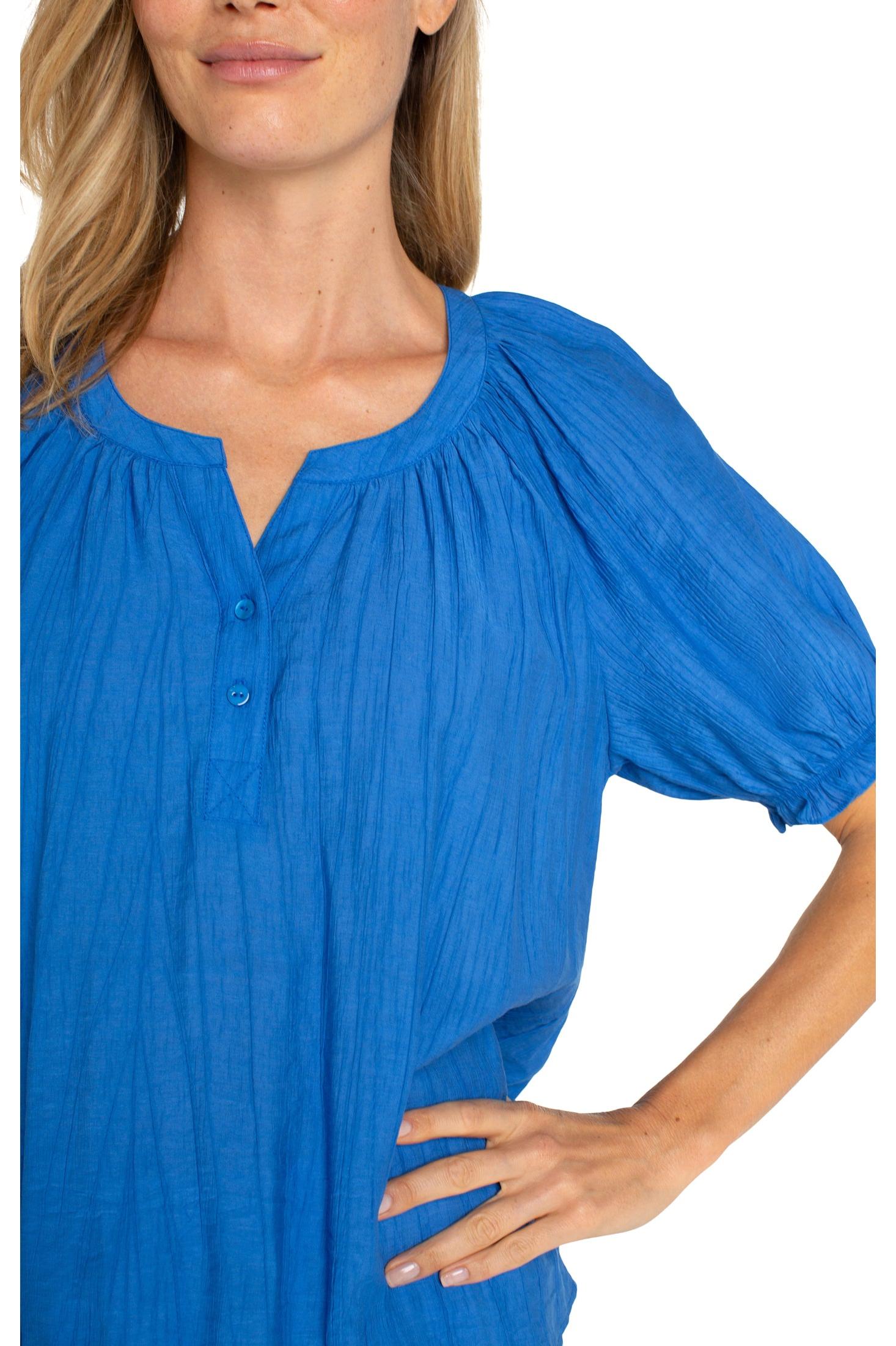 Liverpool Short Sleeve Half Placket Blouse In Cobalt-Tops-Liverpool-Deja Nu Boutique, Women's Fashion Boutique in Lampasas, Texas