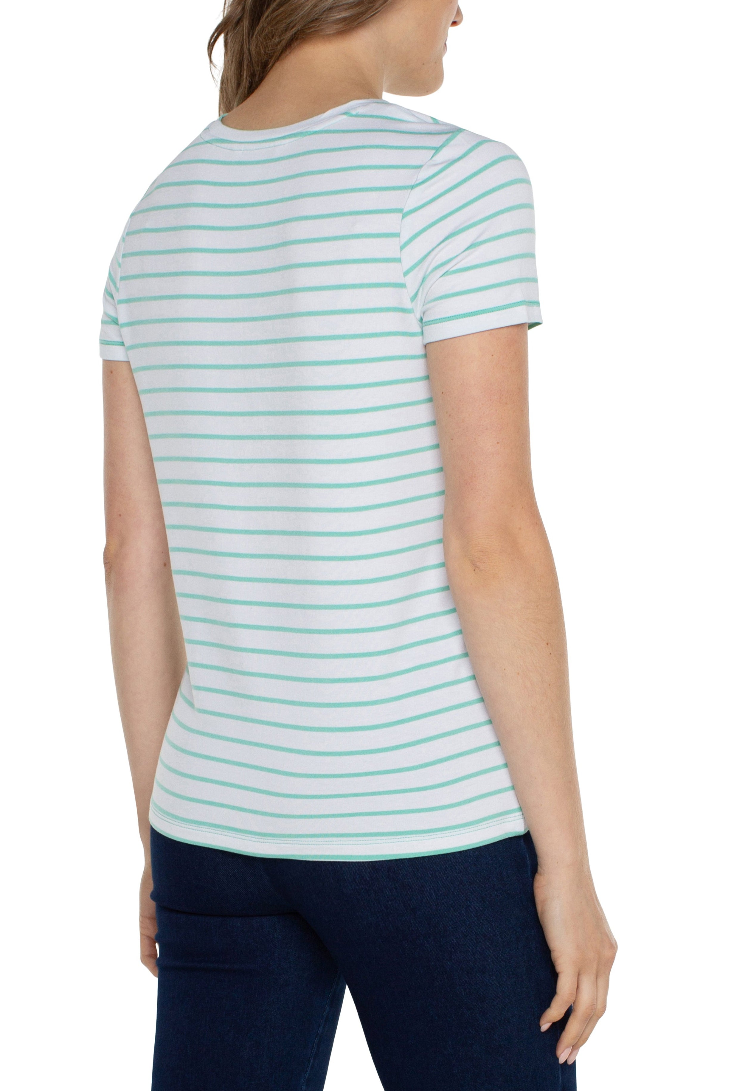 Liverpool Slim Fit Short Sleeve Crew Neck Classic Knit Tee In White Mint Stripe-Tops-Liverpool-Deja Nu Boutique, Women's Fashion Boutique in Lampasas, Texas