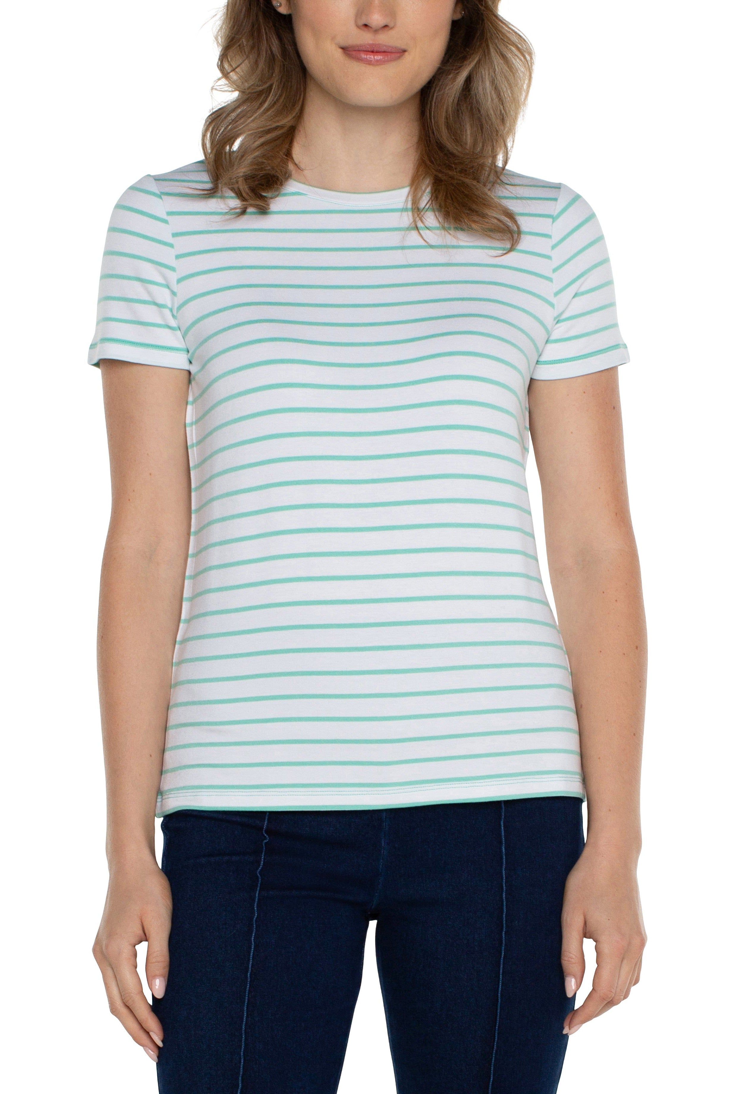 Liverpool Slim Fit Short Sleeve Crew Neck Classic Knit Tee In White Mint Stripe-Tops-Liverpool-Deja Nu Boutique, Women's Fashion Boutique in Lampasas, Texas
