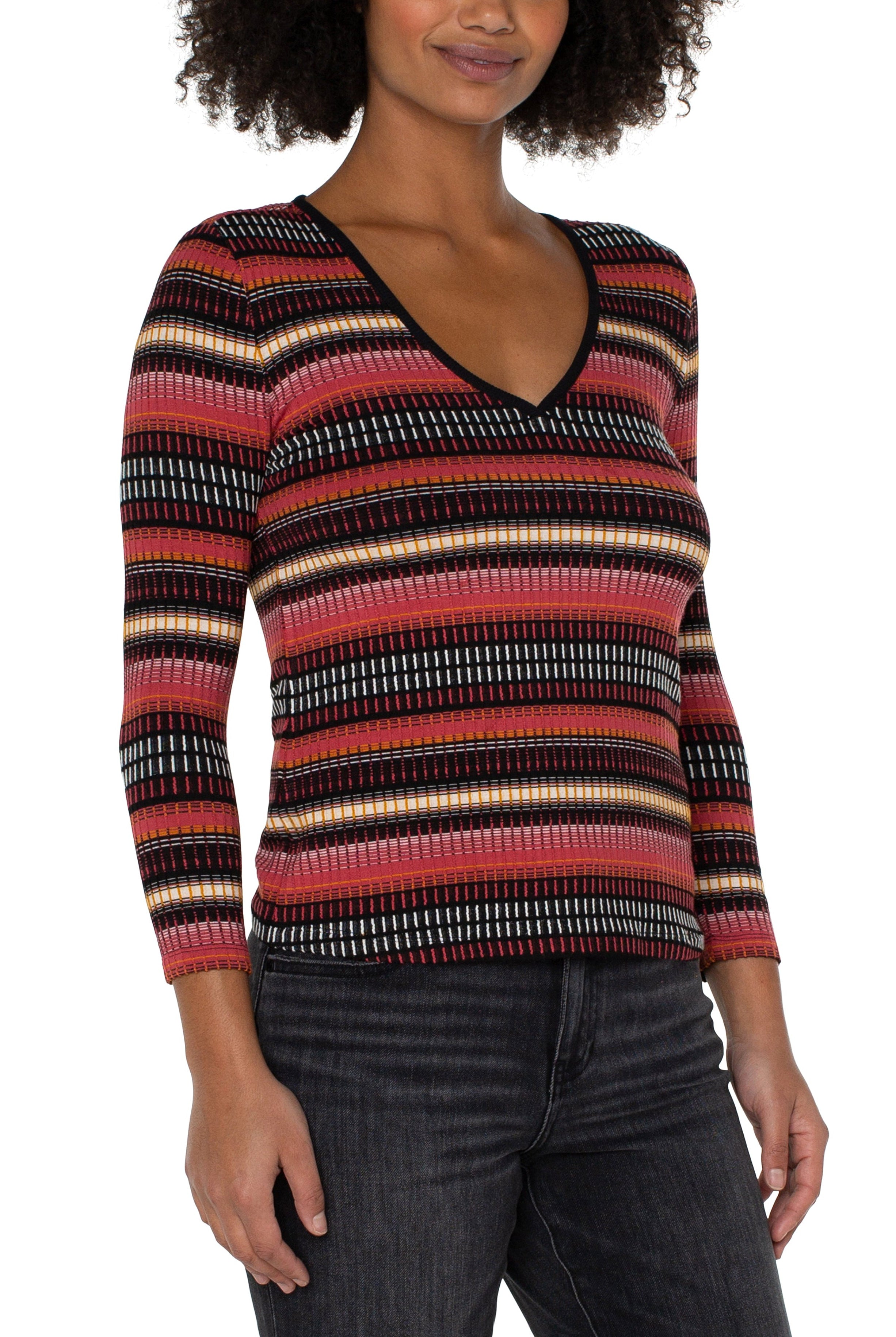 Liverpool Three Fourth Sleeve V Neck Knit Top With Contrast In Multi Cr Abs Str-Long Sleeves-Liverpool-Deja Nu Boutique, Women's Fashion Boutique in Lampasas, Texas