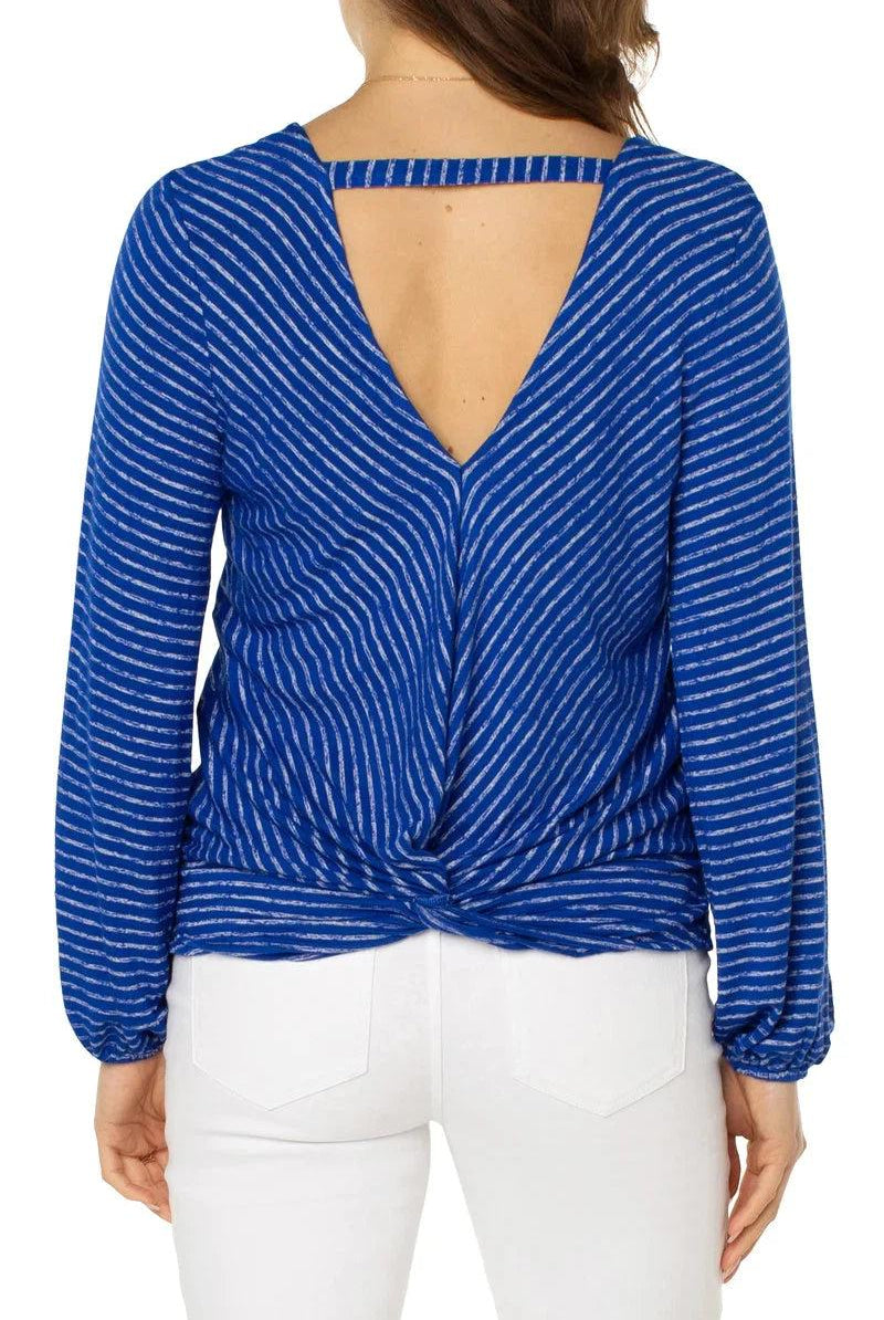Liverpool Twist Back Long Sleeve Sweater In Bombshell Blue Stripe-Sweaters-Liverpool-Deja Nu Boutique, Women's Fashion Boutique in Lampasas, Texas