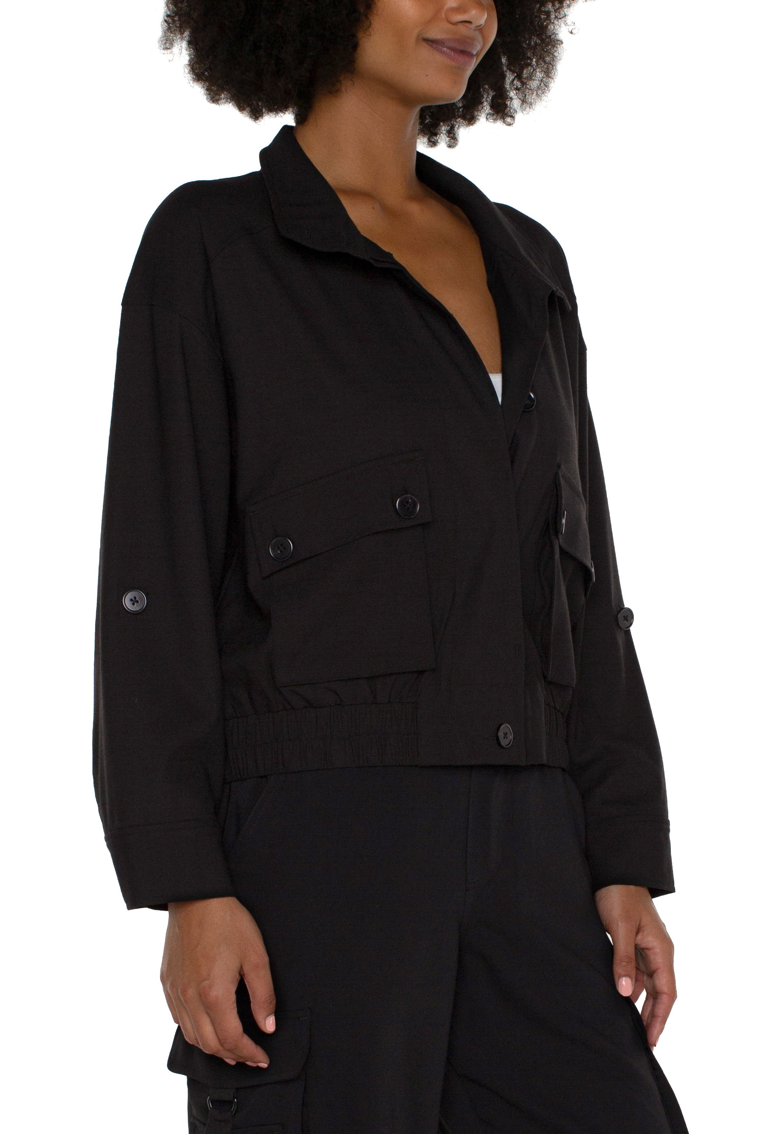 Liverpool Utility Jacket With Cinch Hem In Black-Jackets-Liverpool-Deja Nu Boutique, Women's Fashion Boutique in Lampasas, Texas