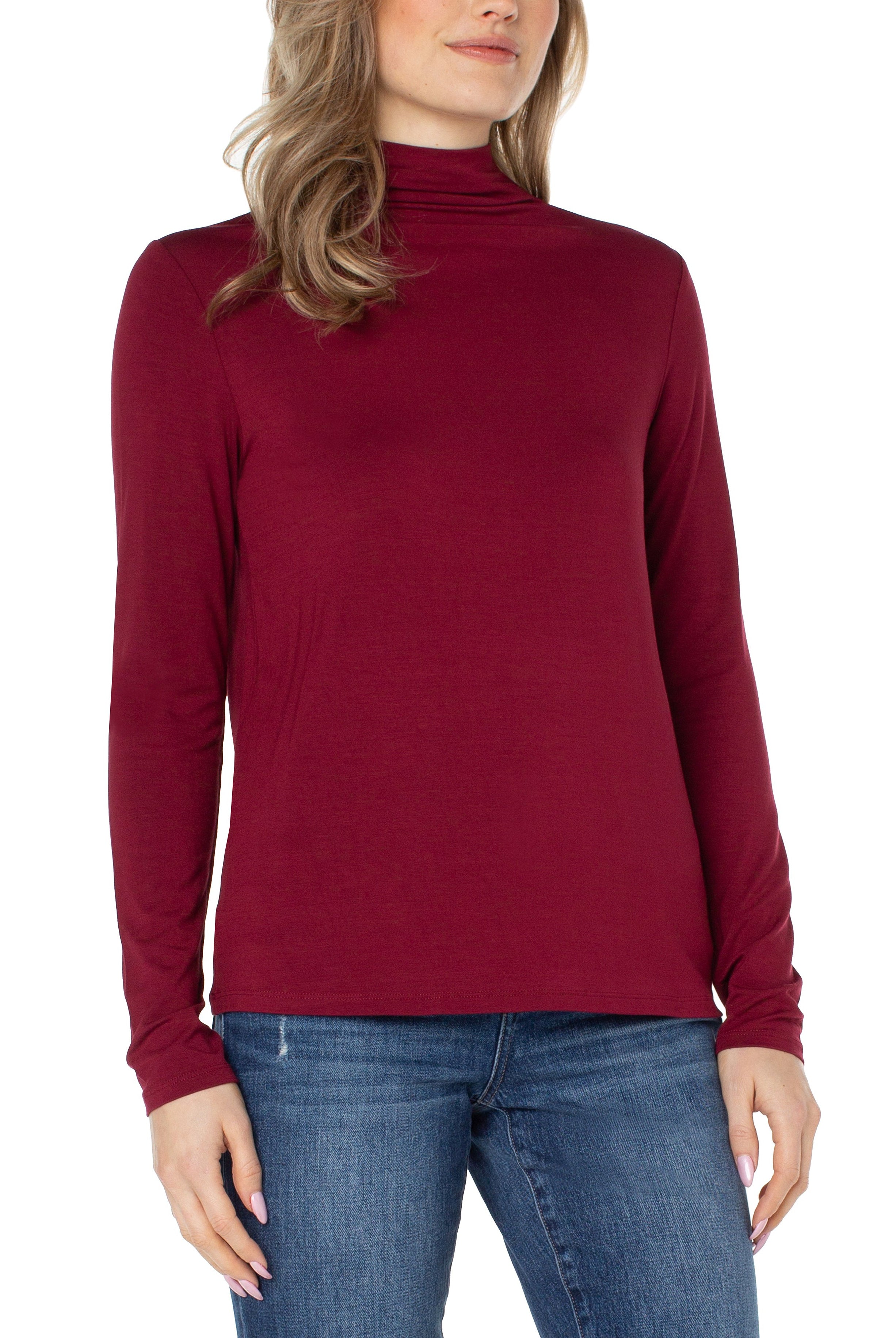 Liverpool Long Sleeve Mock Neck Knit Top In Red Velvet-Sweaters-Liverpool-Deja Nu Boutique, Women's Fashion Boutique in Lampasas, Texas