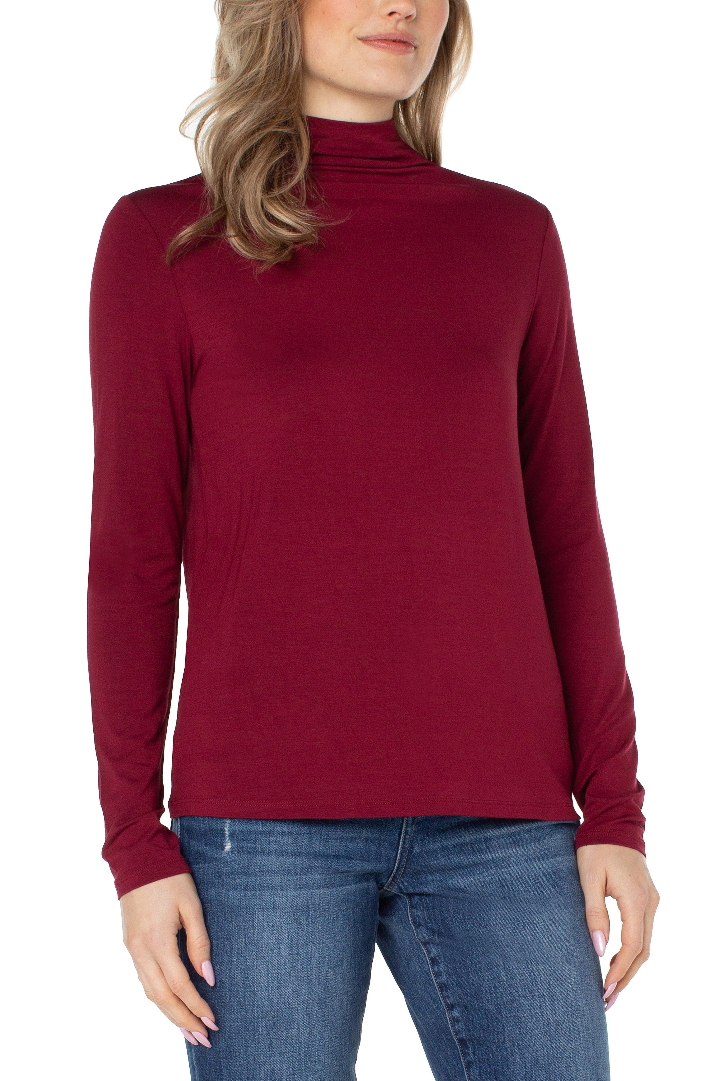 Liverpool Long Sleeve Mock Neck Knit Top In Red Velvet-Sweaters-Liverpool-Deja Nu Boutique, Women's Fashion Boutique in Lampasas, Texas