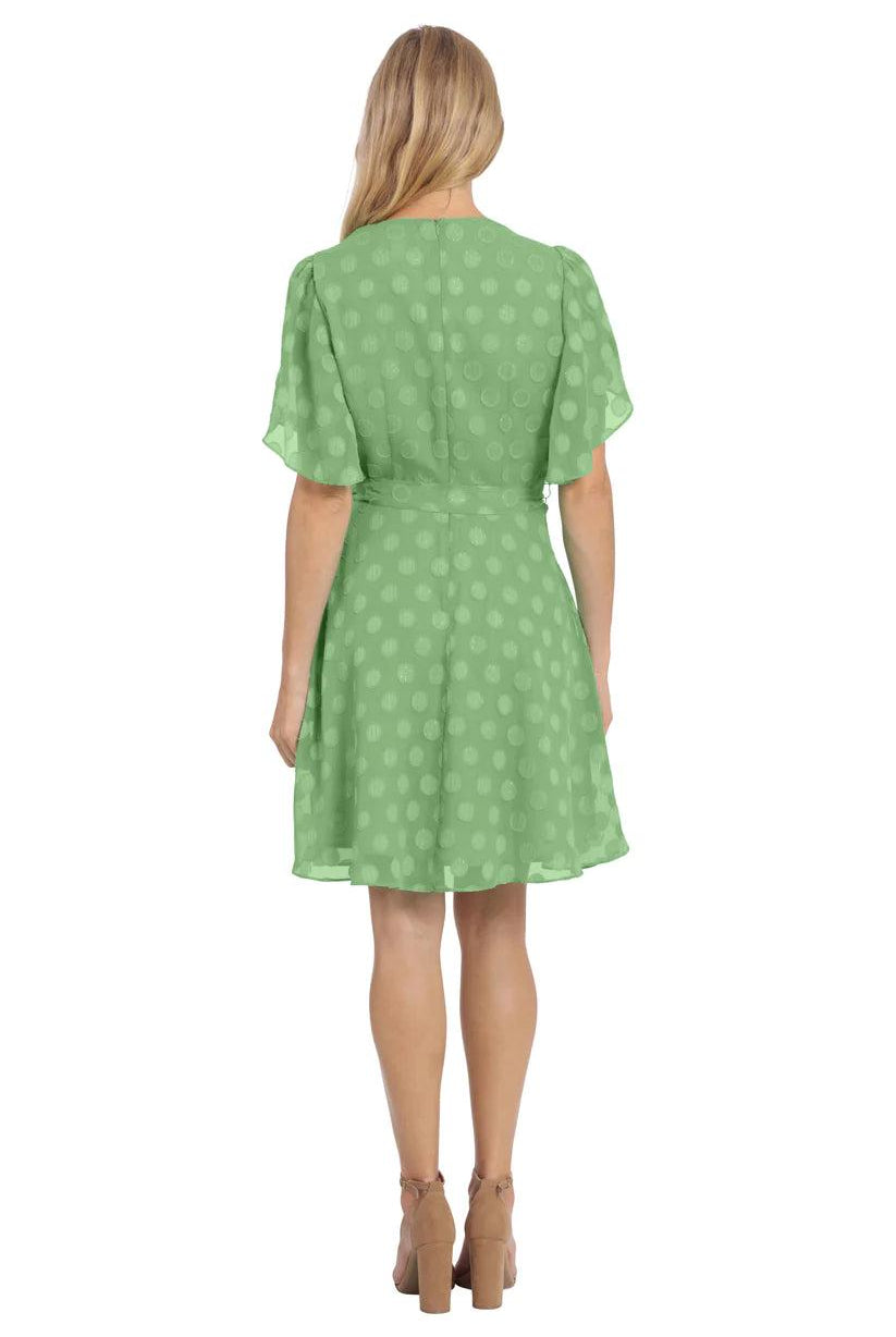 London Times Caillan Pleated Surplice Dress In Absinthe Green Polka Dot-Dresses-London Times-Deja Nu Boutique, Women's Fashion Boutique in Lampasas, Texas