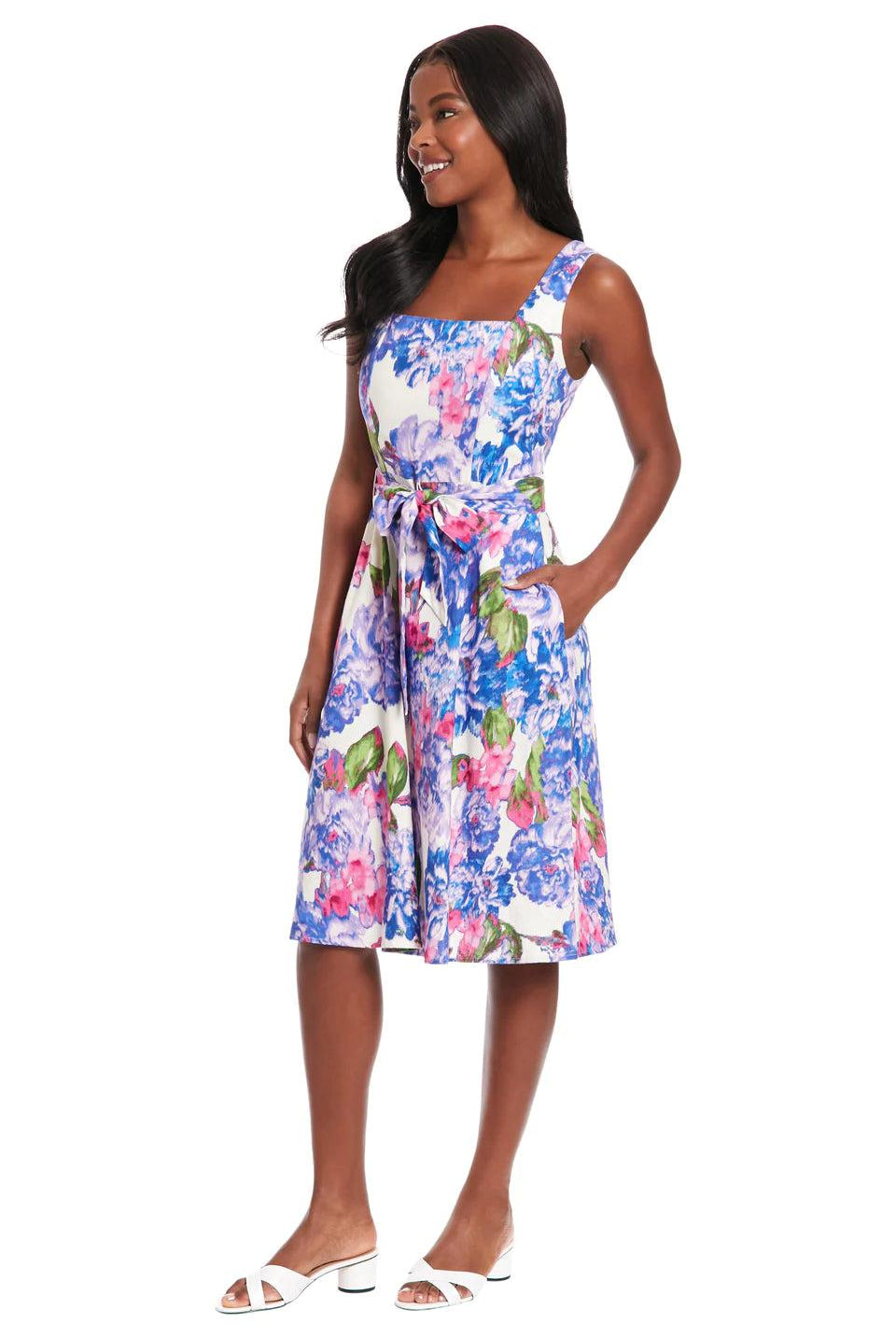 London Times Carmella Ivory And Lilac Floral Linen Dress-Short Dresses-London Times-Deja Nu Boutique, Women's Fashion Boutique in Lampasas, Texas