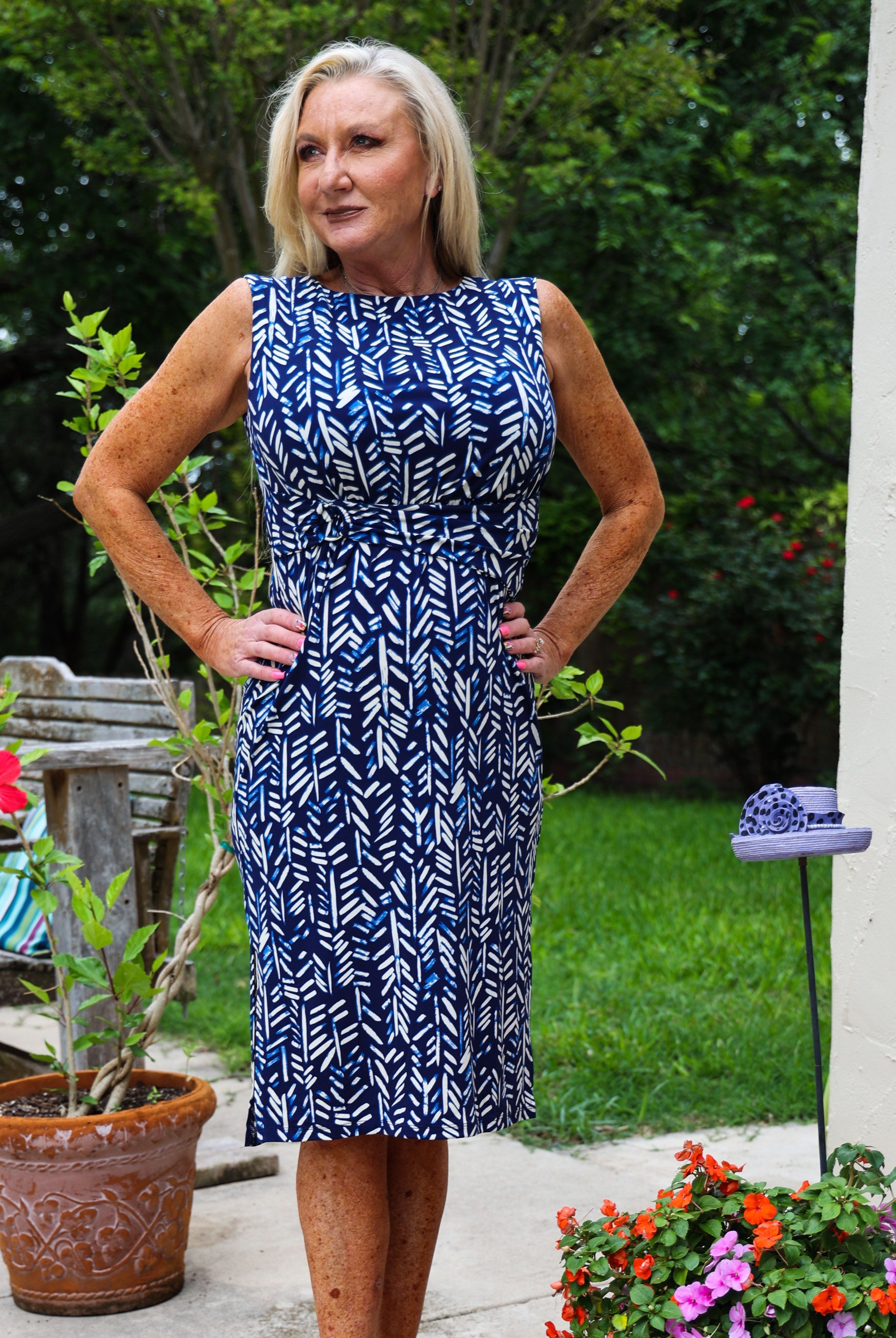 London Times Delicate Leaves Sleeveless Crew Neck Belted Sheath Dress In Navy And Ivory-Midi Dresses-London Times-Deja Nu Boutique, Women's Fashion Boutique in Lampasas, Texas