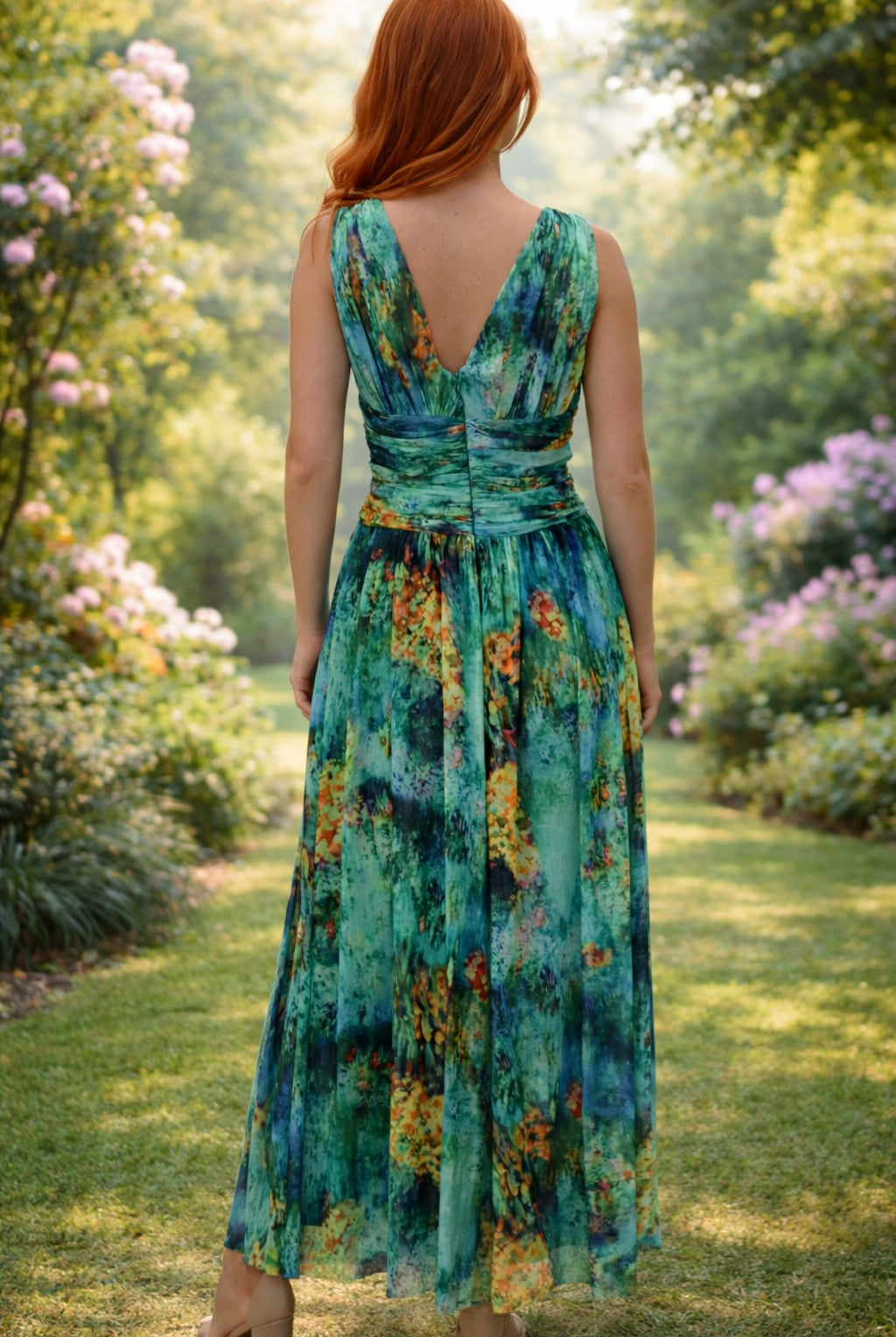 London Times Green & Gold Twist Front V-Neck Midi Dress-Maxi Dresses-London Times-Deja Nu Boutique, Women's Fashion Boutique in Lampasas, Texas