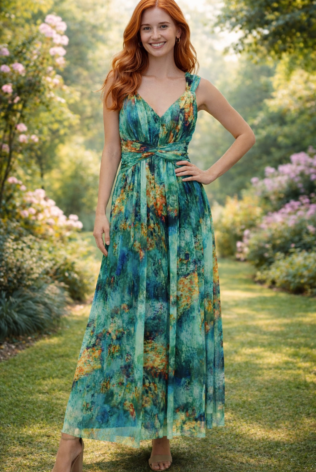 London Times Green & Gold Twist Front V-Neck Midi Dress-Maxi Dresses-London Times-Deja Nu Boutique, Women's Fashion Boutique in Lampasas, Texas