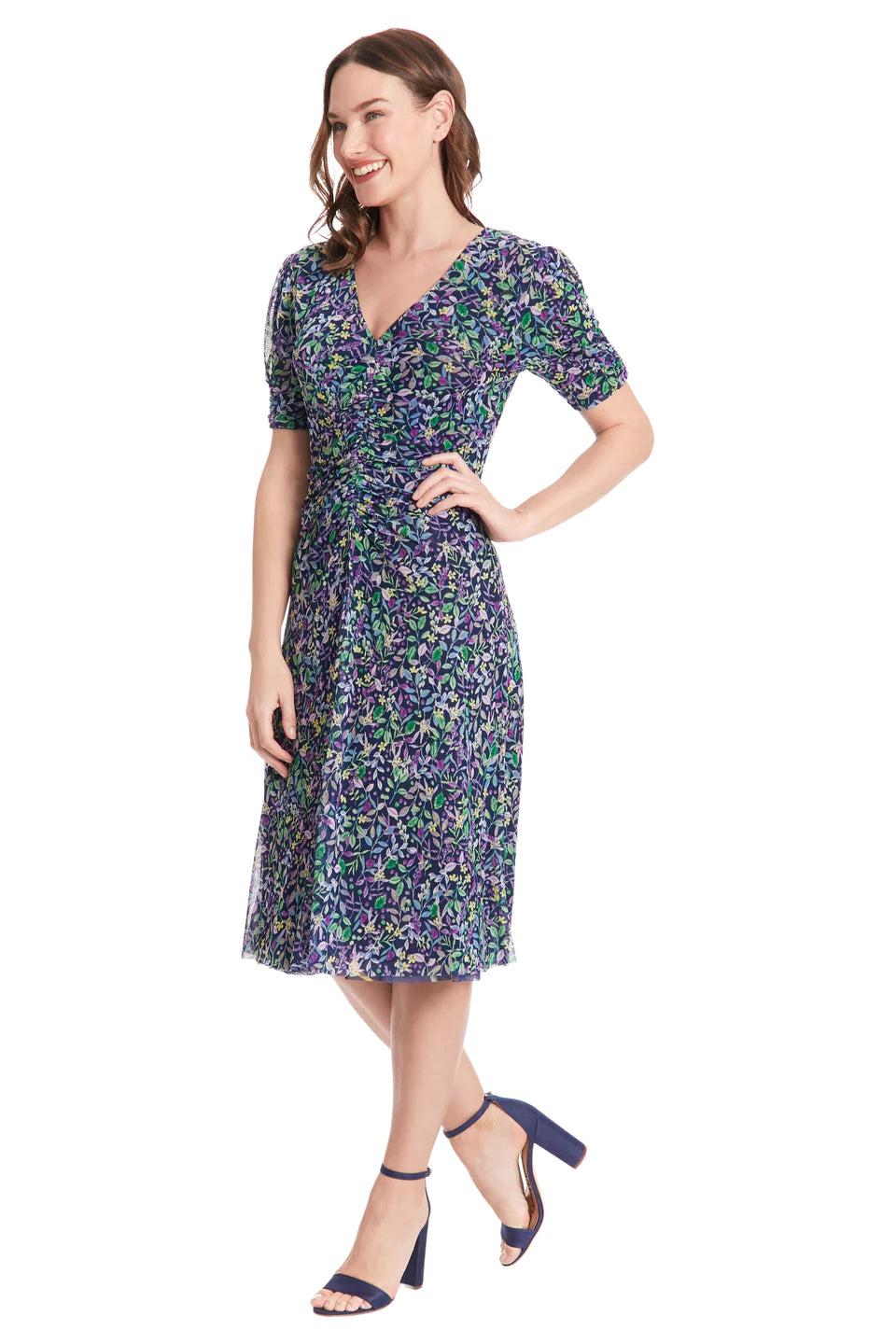London Times Reversible Zemira Mesh Midi Dress In Navy Multi-Midi Dresses-London Times-Deja Nu Boutique, Women's Fashion Boutique in Lampasas, Texas