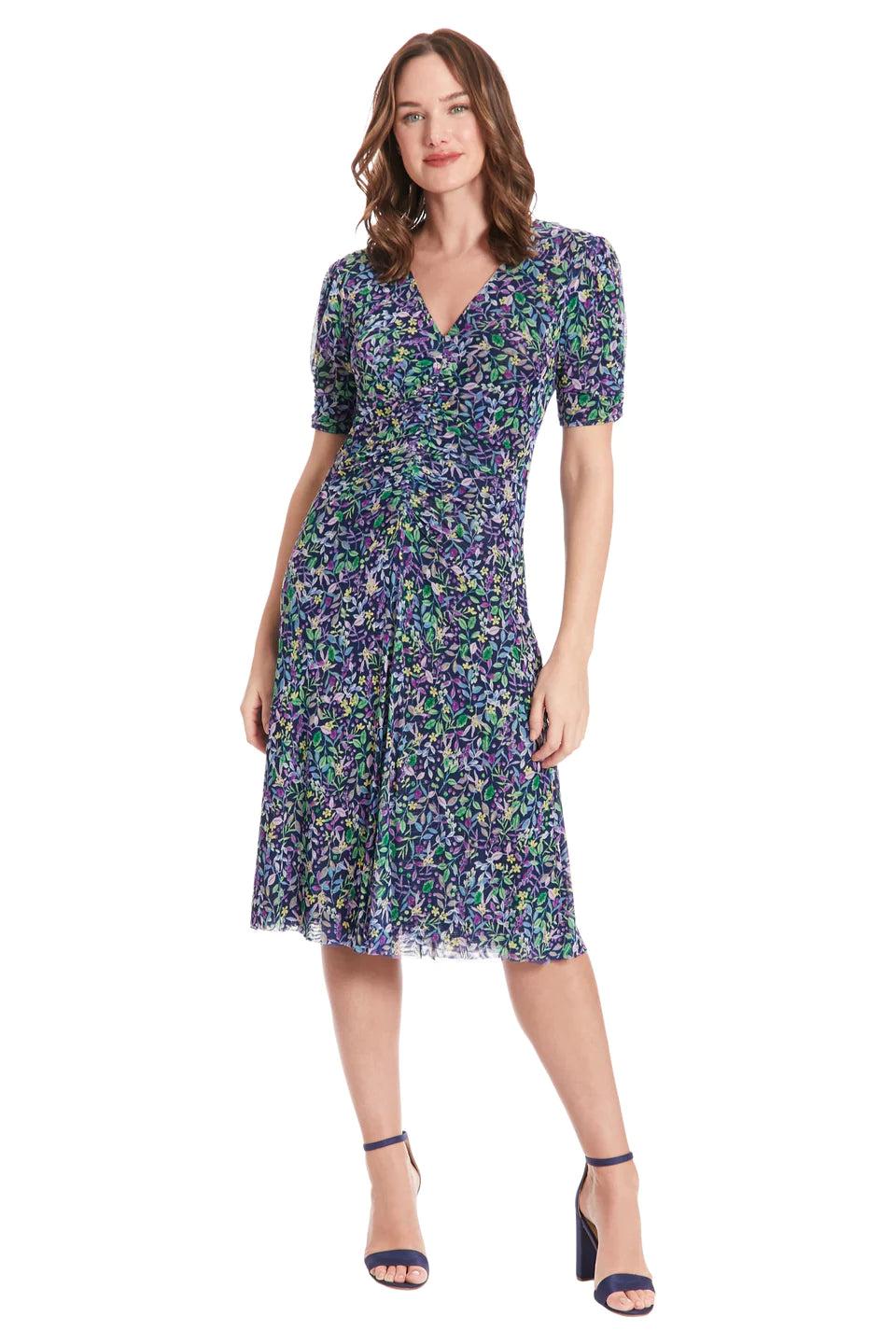 London Times Reversible Zemira Mesh Midi Dress In Navy Multi-Midi Dresses-London Times-Deja Nu Boutique, Women's Fashion Boutique in Lampasas, Texas