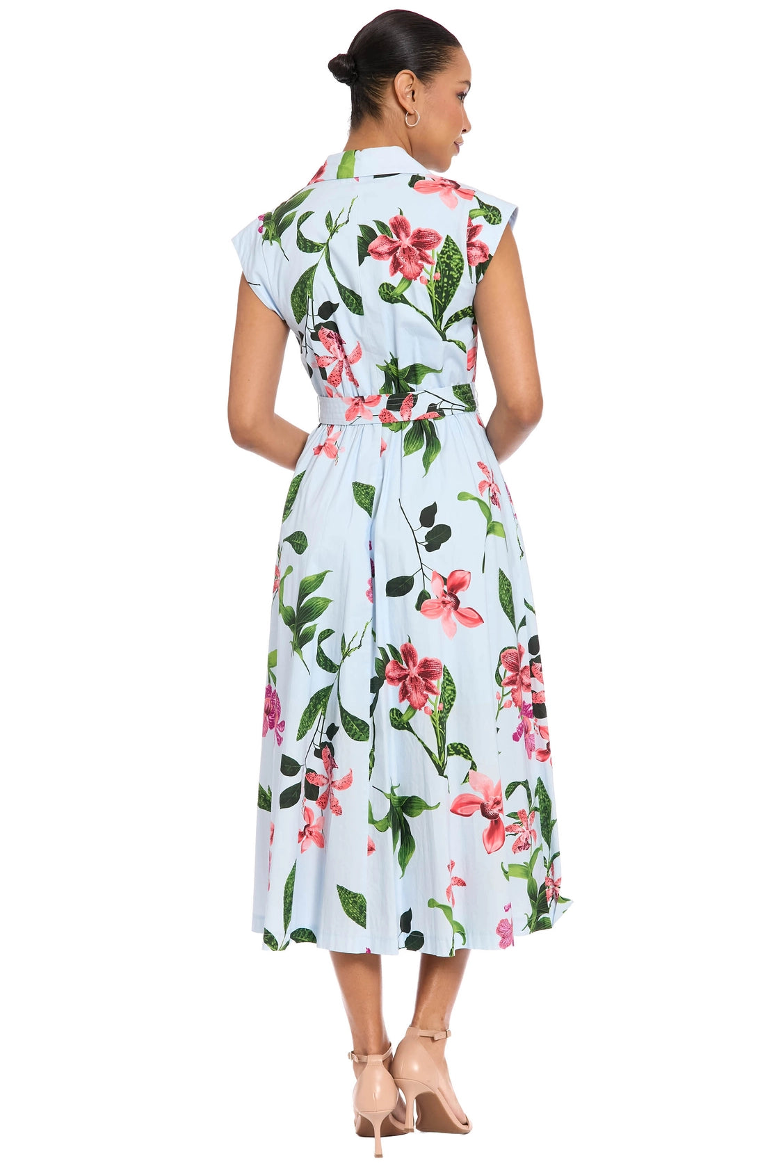 London Times Rosemary Cotton Belted Shirt Dress – Sky Blue / Sunkist Coral-Midi Dresses-London Times-Deja Nu Boutique, Women's Fashion Boutique in Lampasas, Texas